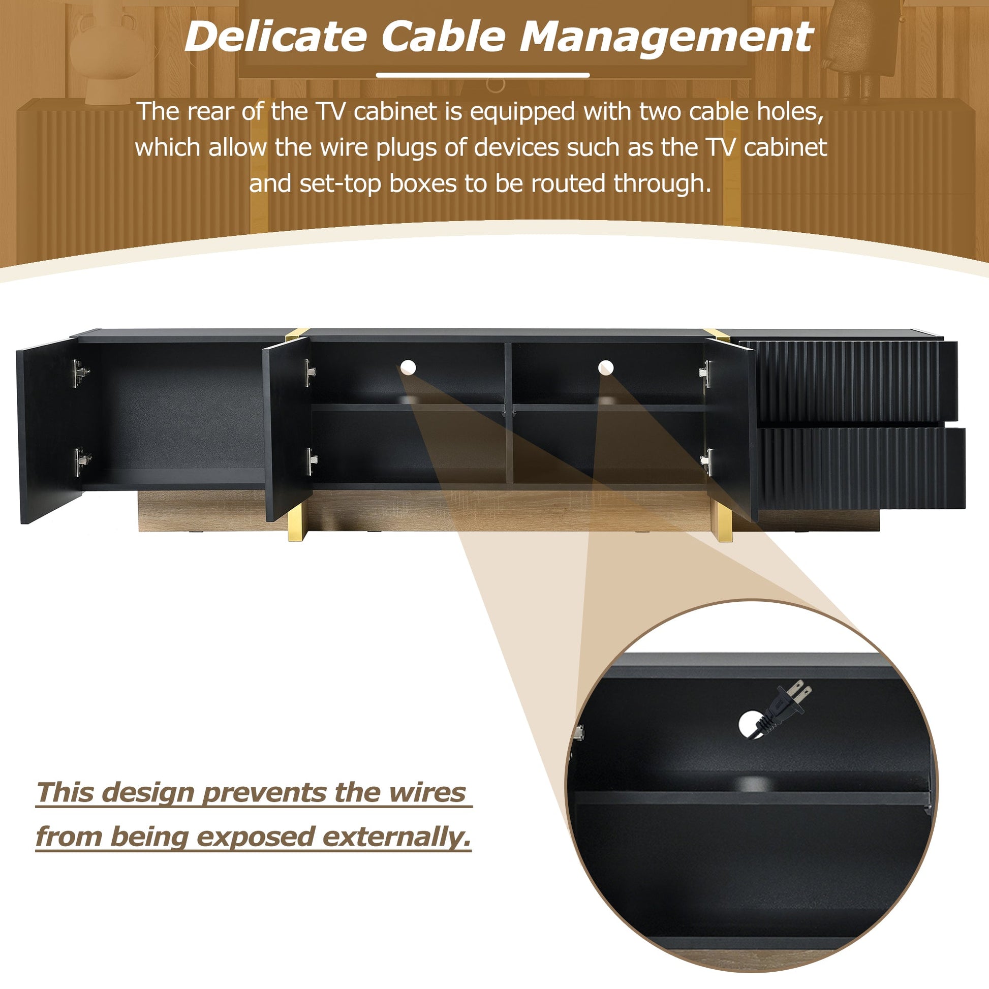 Luxury Fluted TV Stand for TVs Up to 80'', Modern Entertainment Center with Storage Cabinets & Drawers Black - Korvel