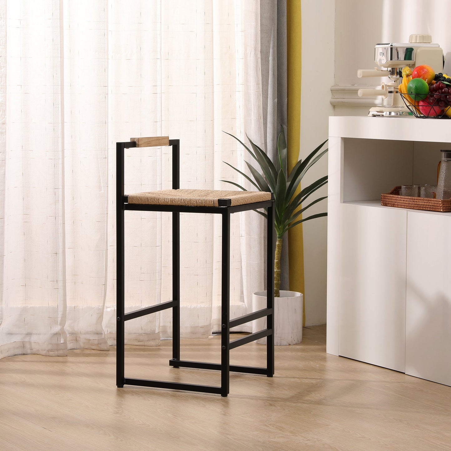 Set of 2 Bar Stools with Back Paper Rope Woven Counter Height Dining Chairs for Kitchen Home (Paper Rope with Back) - Korvel