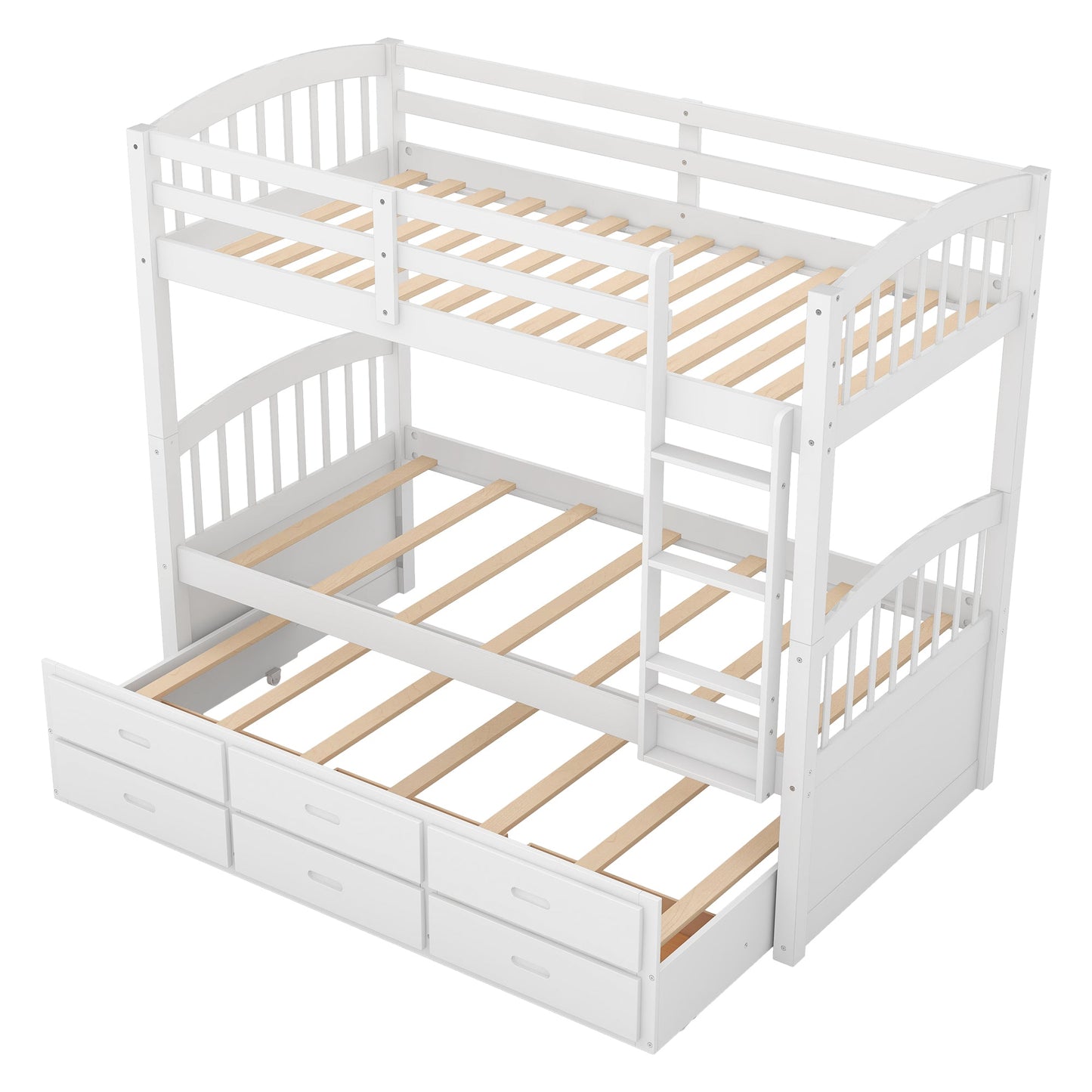 Twin over Twin Wood Bunk Bed with Trundle and Drawers White - Korvel