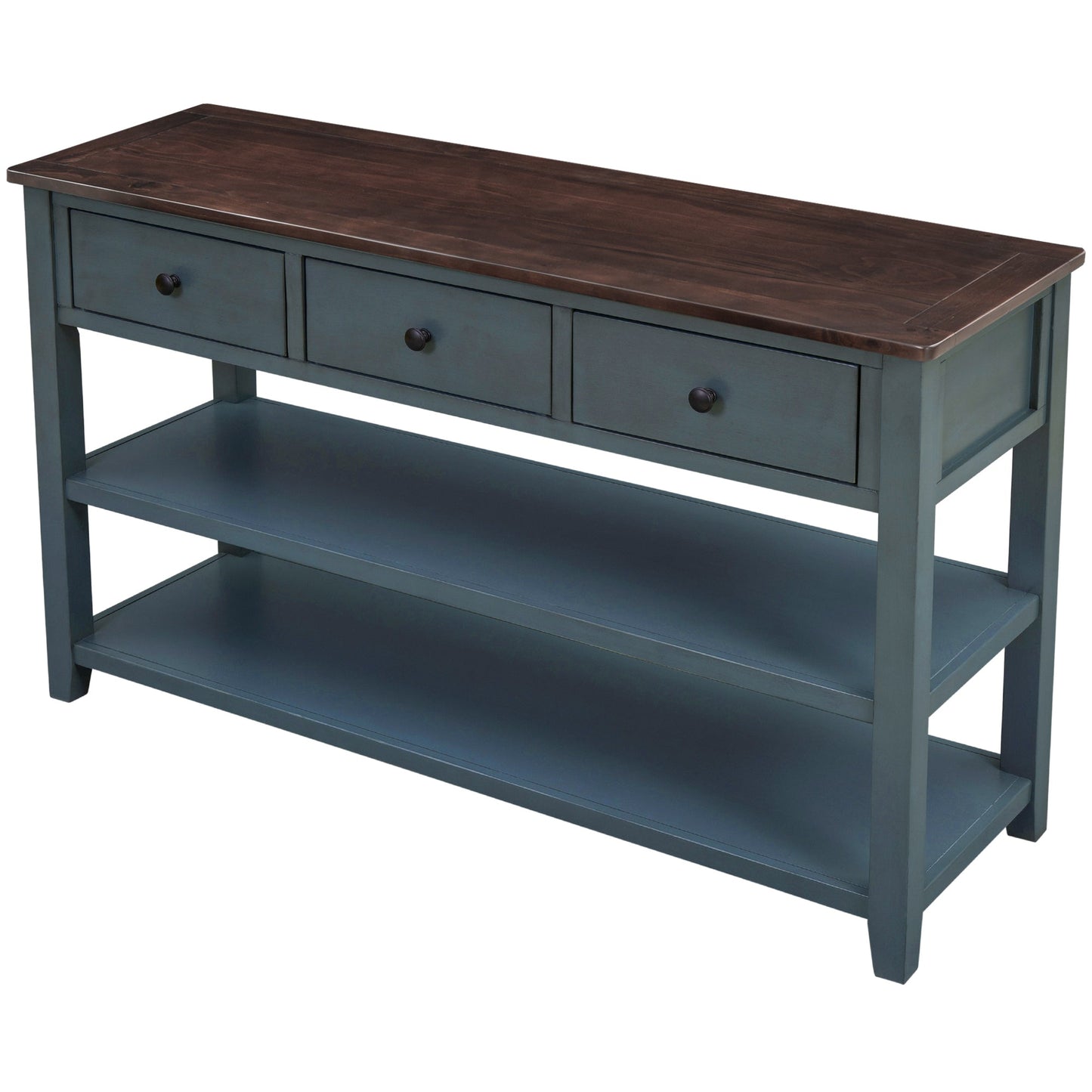 Retro Design Console Table with Two Open Shelves, Pine Solid Wood Frame and Legs for Living Room (Navy) - Korvel