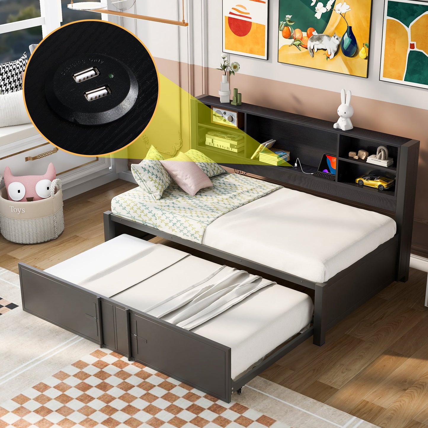 Metal Twin Size Daybed with Trundle, Storage & USB Ports - Black
