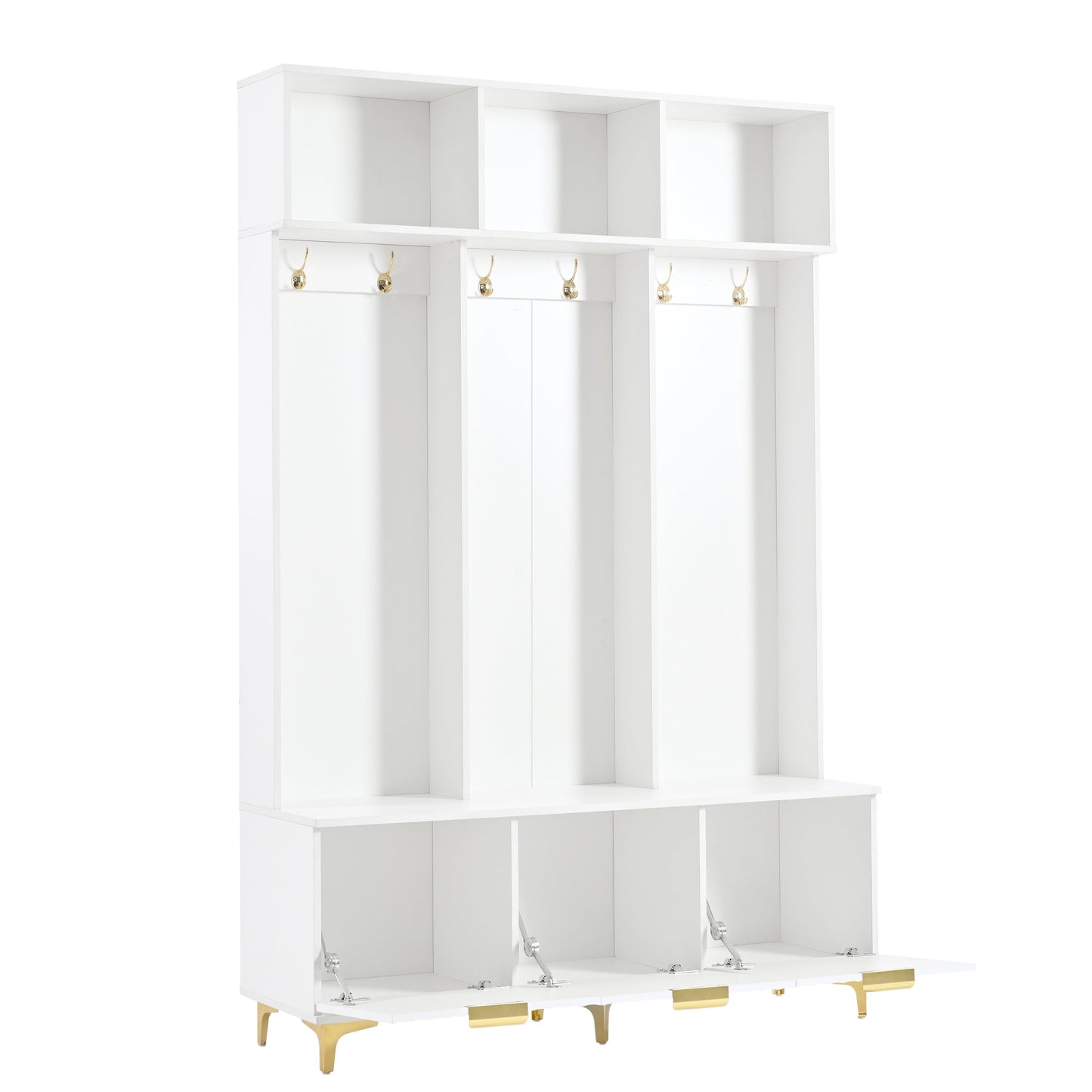Large storage hall tree with bench, multifunctional storage platform, luxury clothes hanger equipped with 6 gold hooks - Korvel