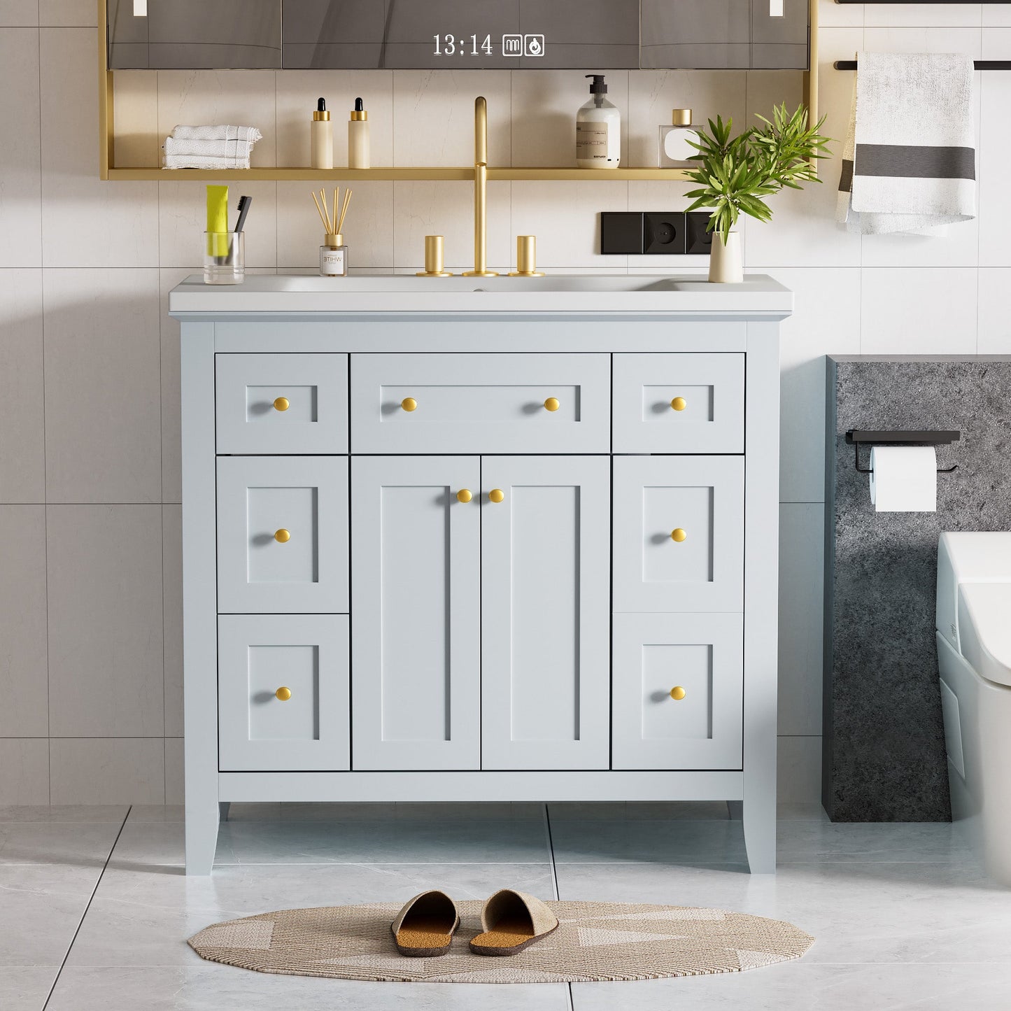 Meuble de salle de bain bleu clair de 36" avec évier en résine et rangement