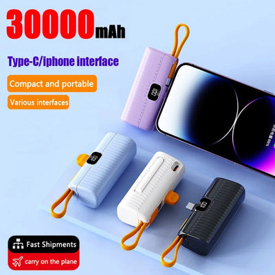 30000Mah Mini Power Bank Ingebouwde Kabel Powerbank Digitale Display Externe Batterij Draagbare Oplader Voor Iphone Samsung Xiaomi - Korvel
