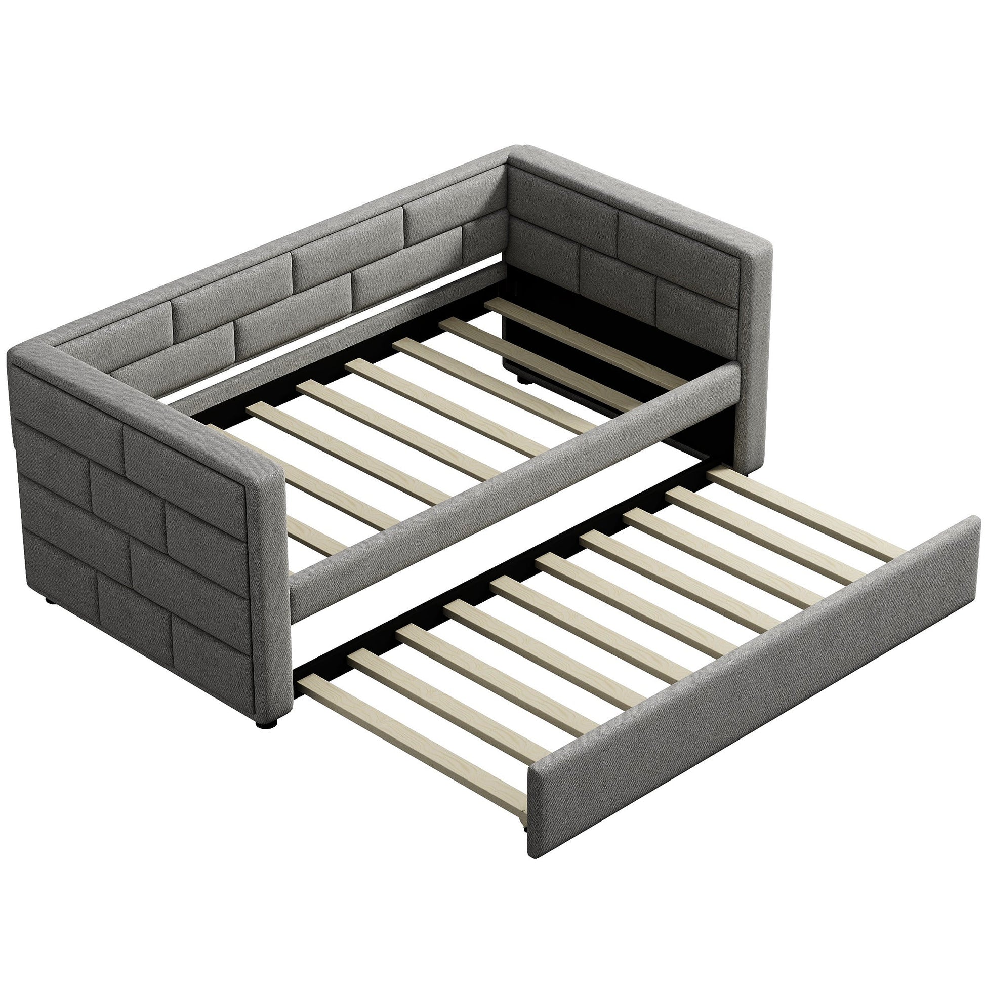 Twin Size Daybed with Trundle  Upholstered Daybed with Padded Back  Gray - Korvel