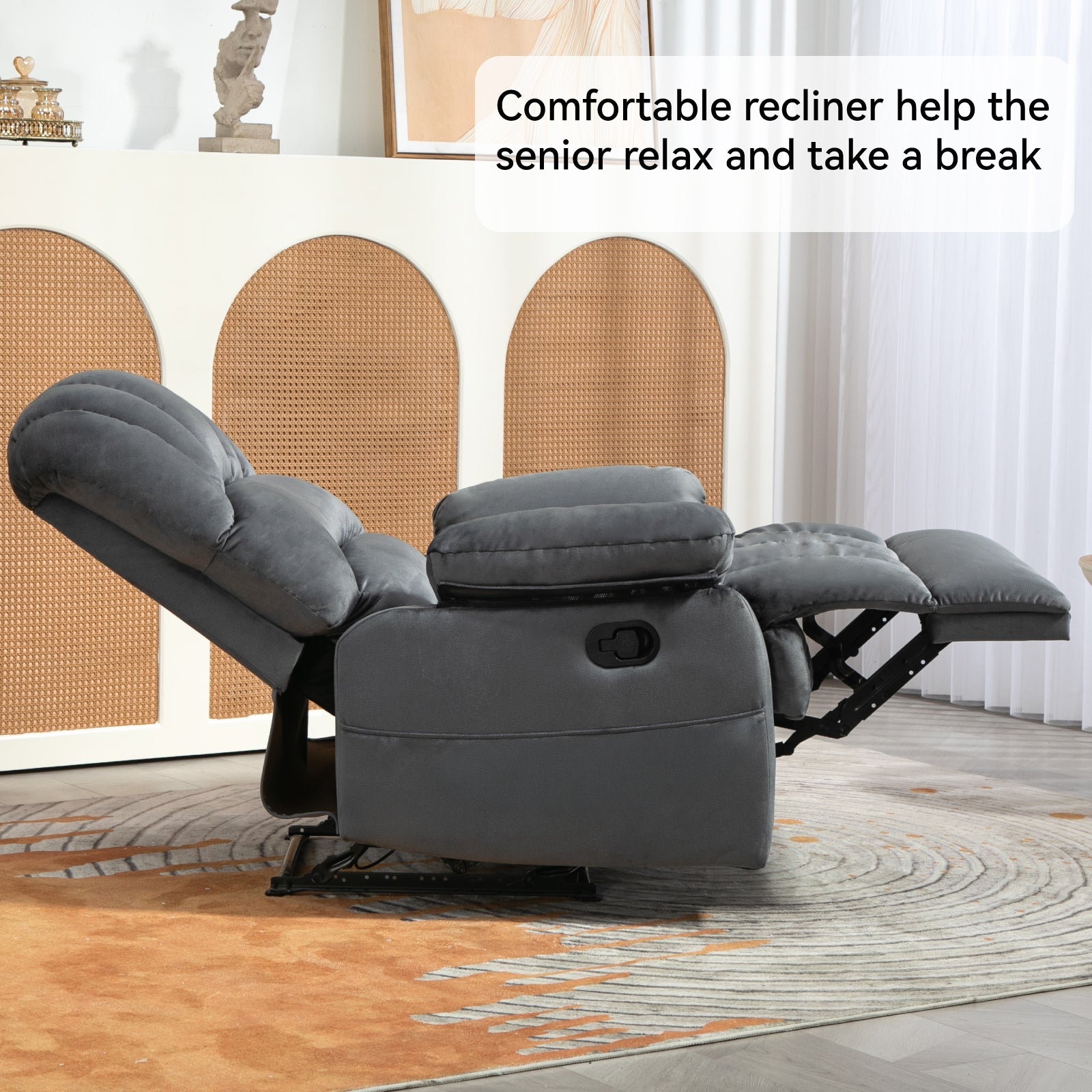 Large Manual Recliner Chair in Fabric for Living Room, Grey - Korvel