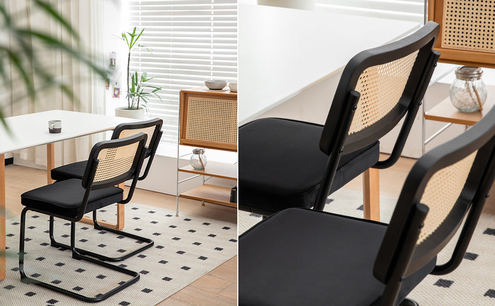 Dining Chairs Set of 2 velvet wicker side decorative chairs, black painted legs, modern medieval Bruell designed chairs, - Korvel