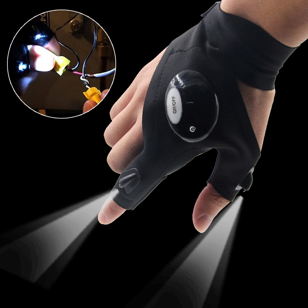1 Pair Right and Left Multifunctional Gloves Outdoor Hiking Fingerless Gloves with LED Light Waterproof Flashlight Gloves - Korvel