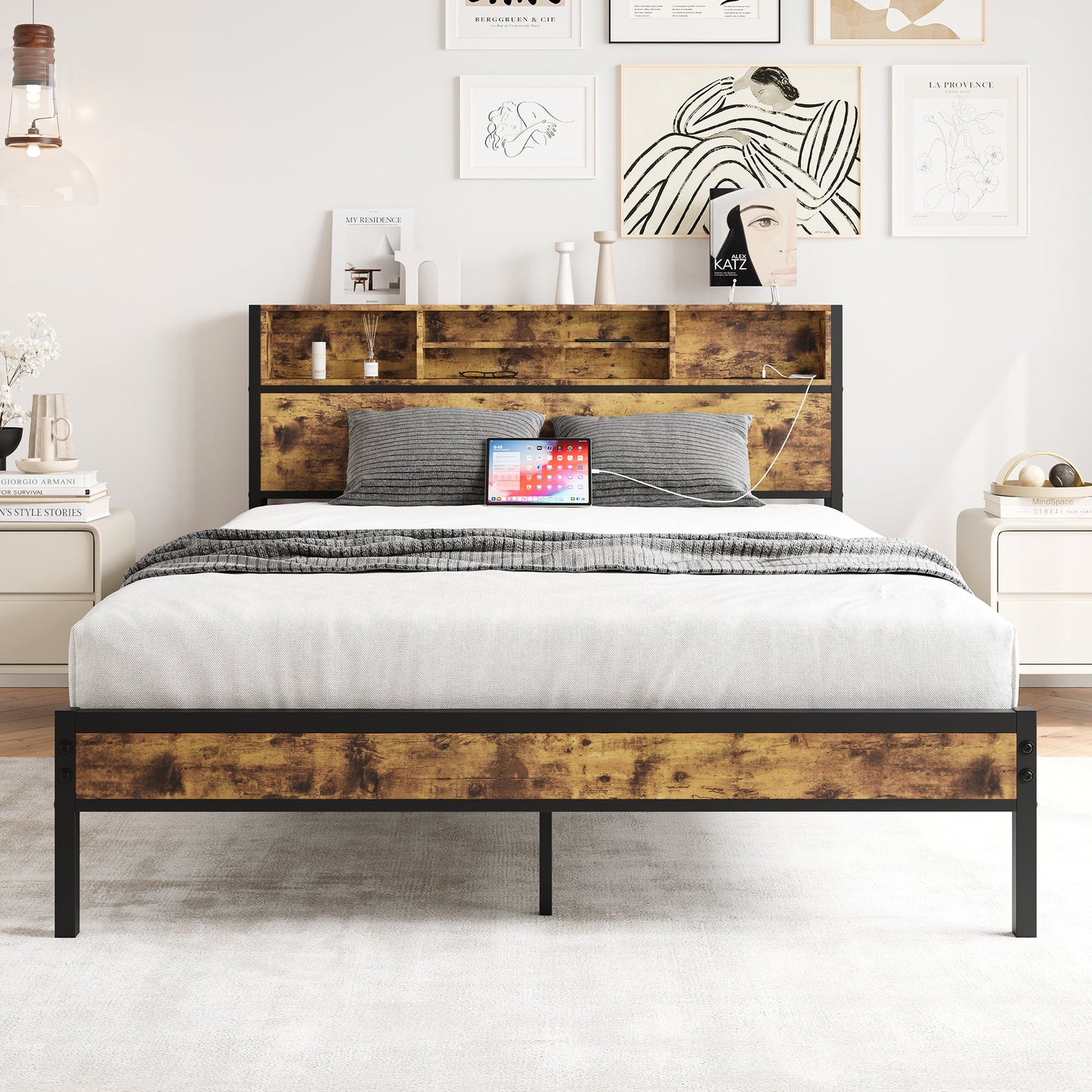 Queen Bed Frame with Storage Headboard and Charging Station - Black