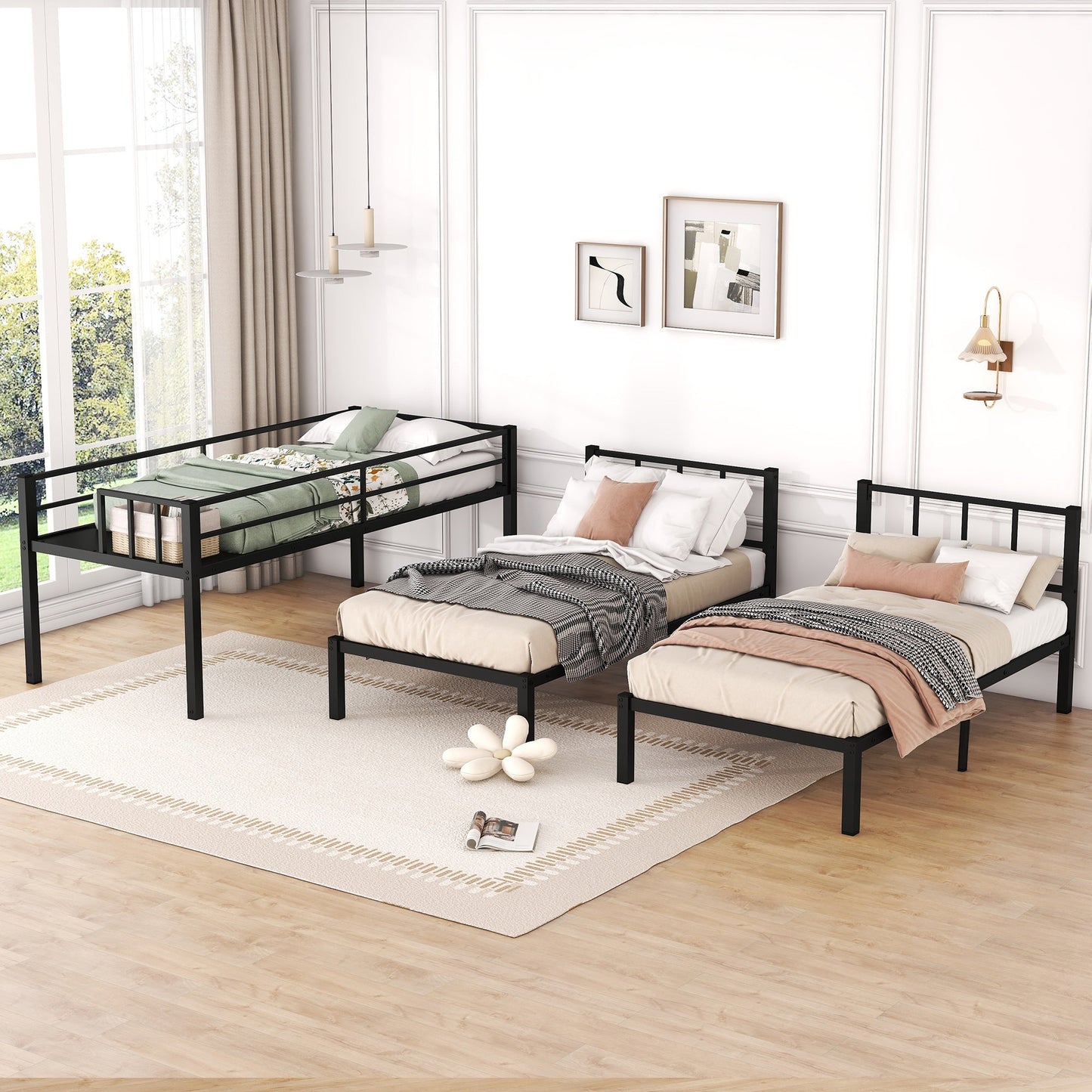 Twin over Twin & Twin Bunk Beds for 3, Twin XL over Twin & Twin Bunk Bed Metal Triple Bunk Bed, Black - Korvel