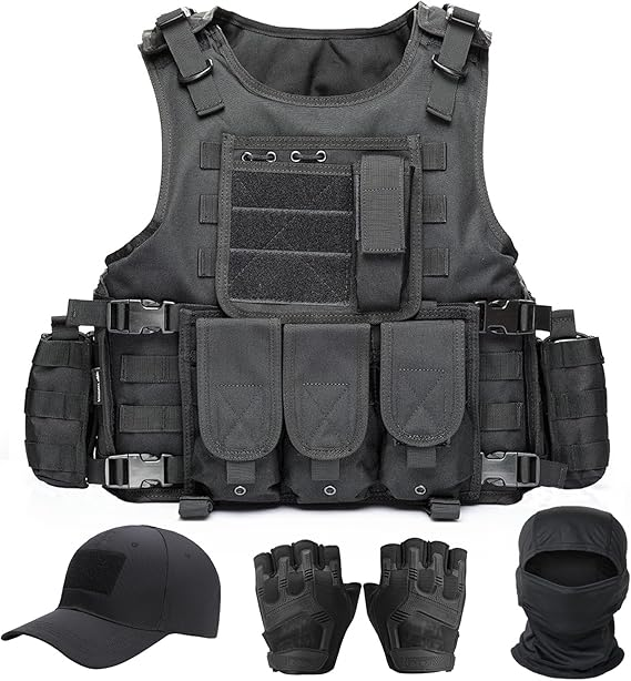 Tactical Vest for Men, Airsoft Vest, Black Molle Vest and Cap Protective Equipment, Tactical Airsoft Gear - Korvel