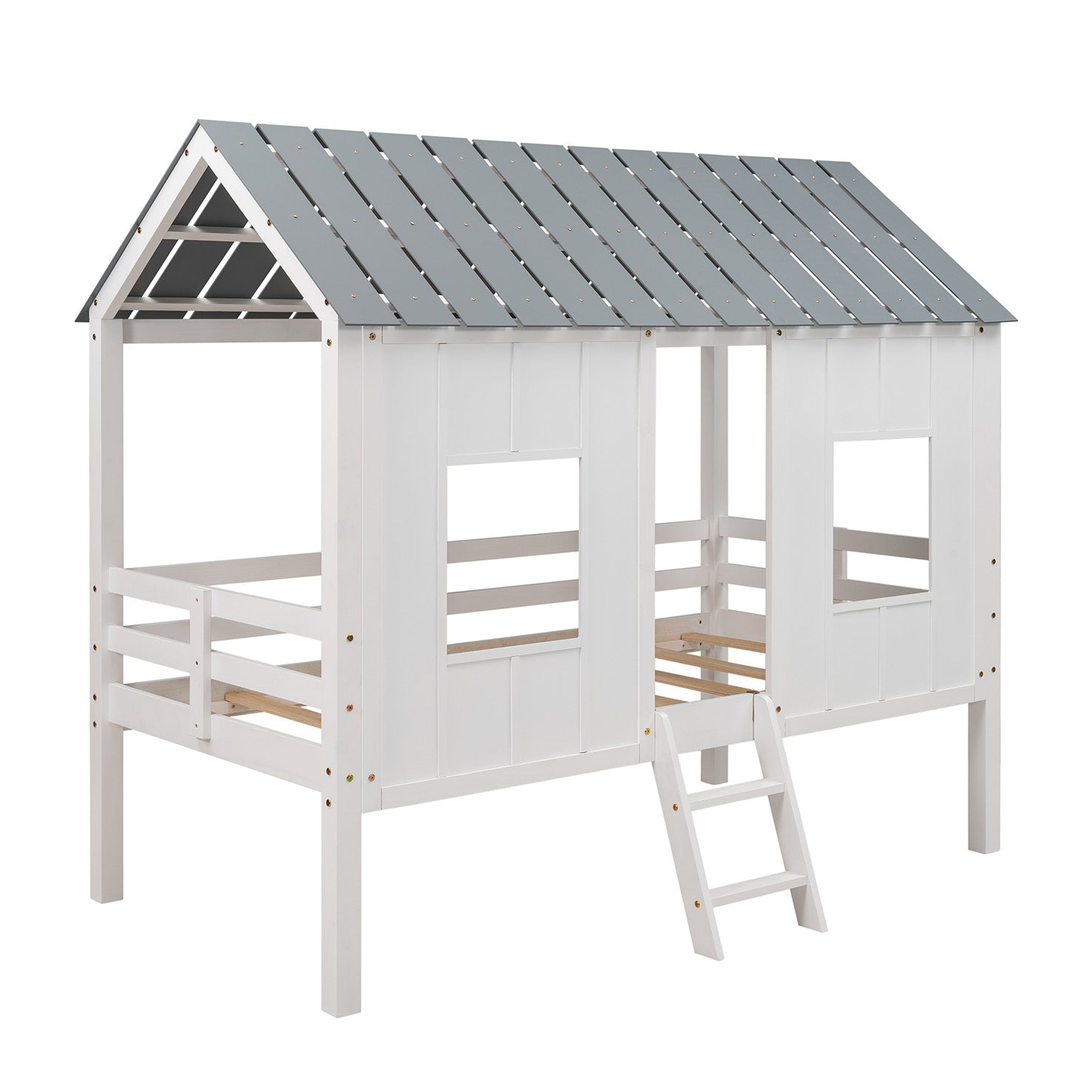 Twin Size Low Loft House Bed with Roof and Two Front Windows White - Korvel