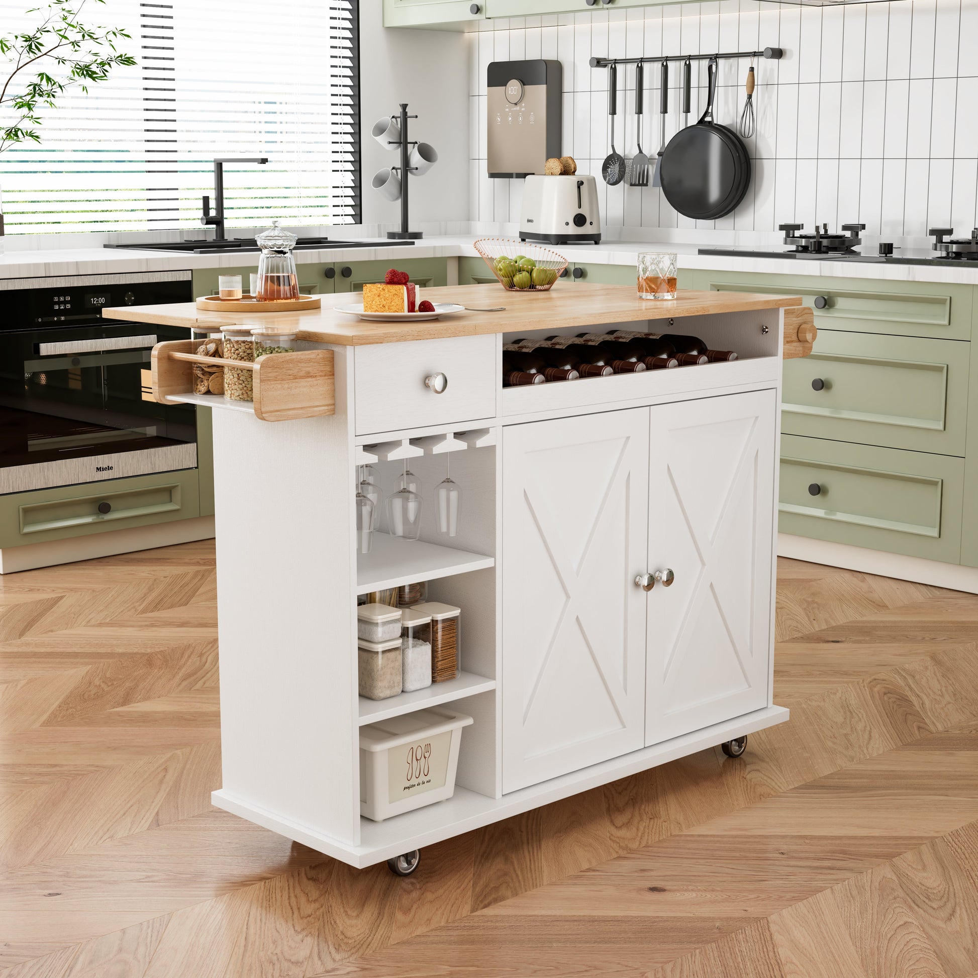 44 Inch Kitchen Island Cart with Solid Wood Top, Wine Storage, Spice Rack, Towel Rack, Wine Glass Holder White & Oak - Korvel