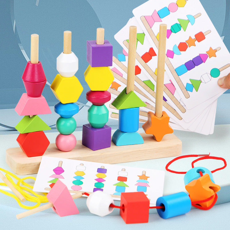 Wooden children's puzzle bead toys with five sets of column colors, sensory enlightenment, shape perception, and building block toys - Korvel