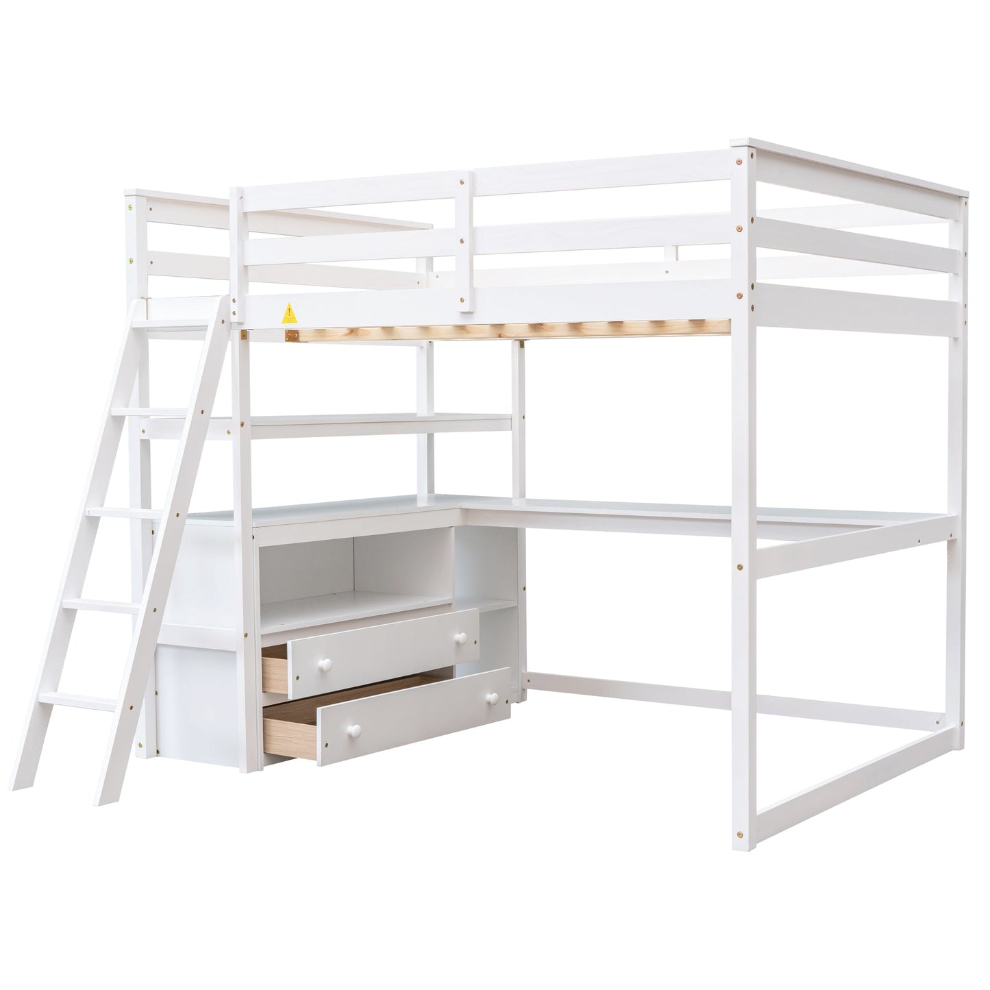 Cama loft de tamaño completo con escritorio y estantes, dos cajones incorporados