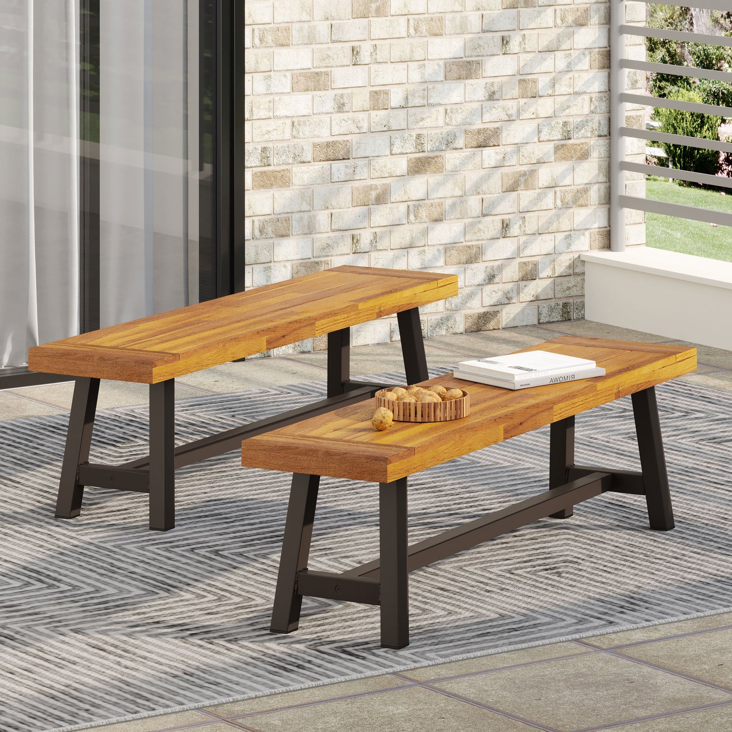 Outdoor Carlisle Benches, Sandblasted Brown + Rustic Metal (Set of 2) - Korvel