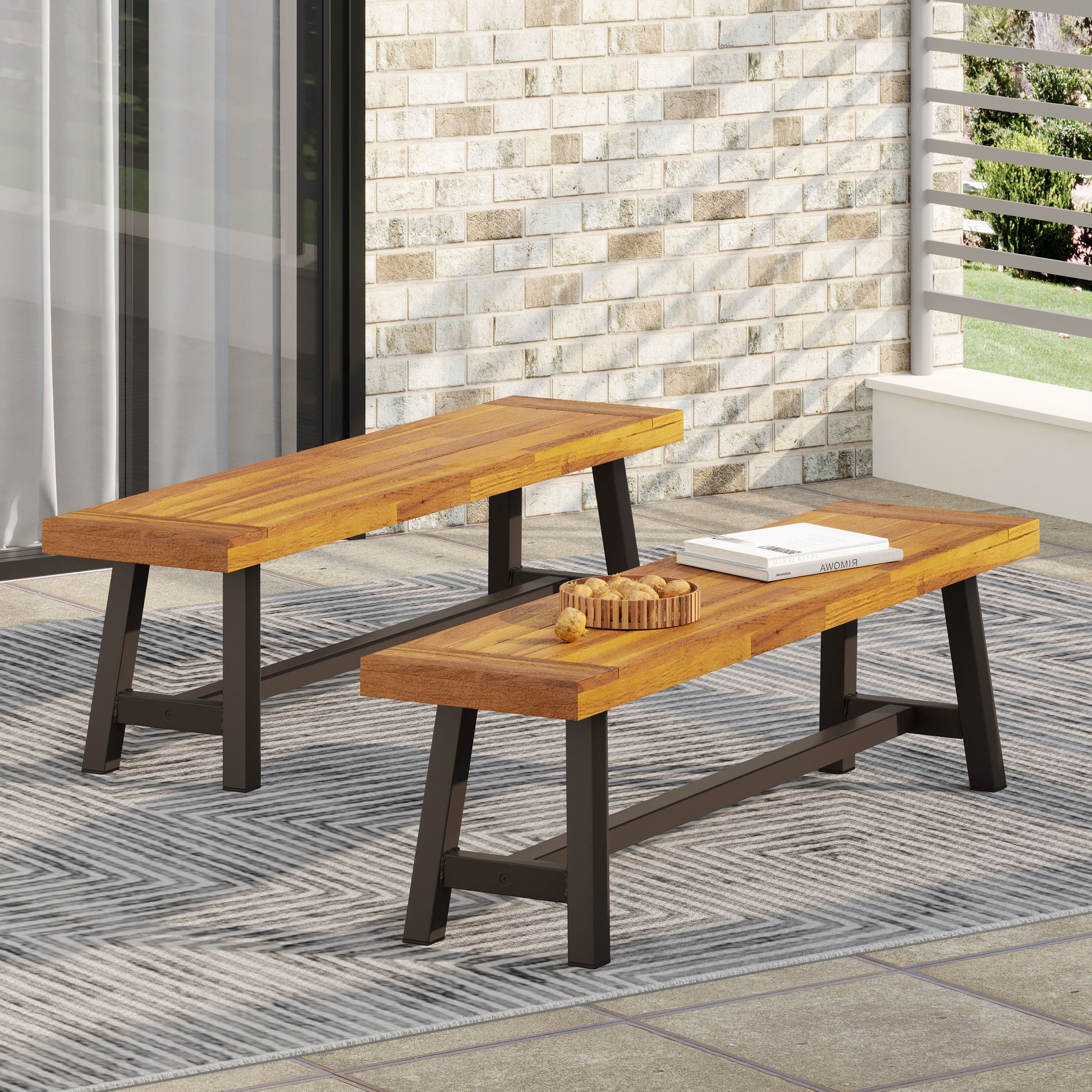 Outdoor Carlisle Benches, Sandblasted Brown + Rustic Metal (Set of 2) - Korvel
