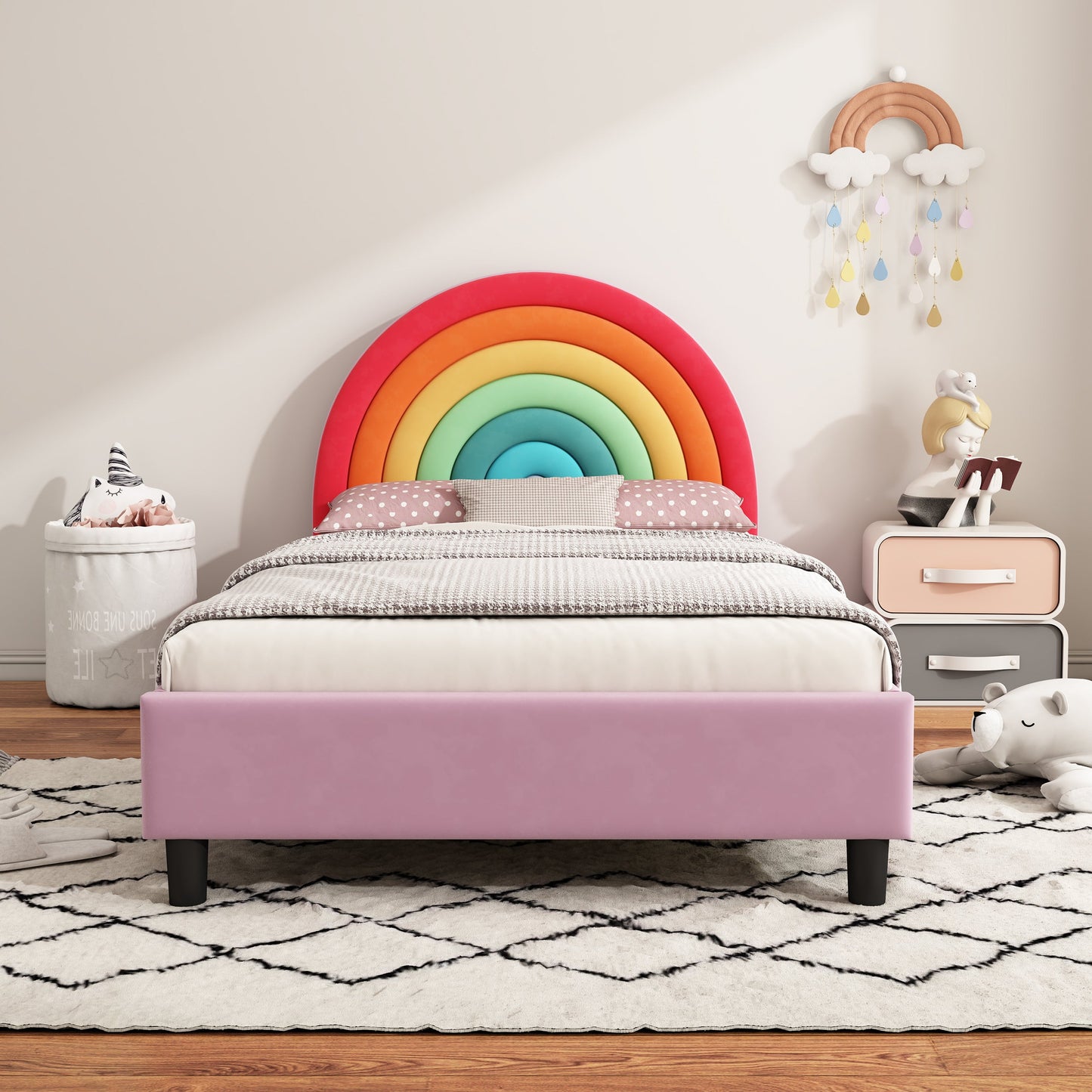 Rainbow Design Upholstered Twin Platform Bed Cute Style Princess Bed for Boys & Girls, Teens, Colorful & Pink - Korvel