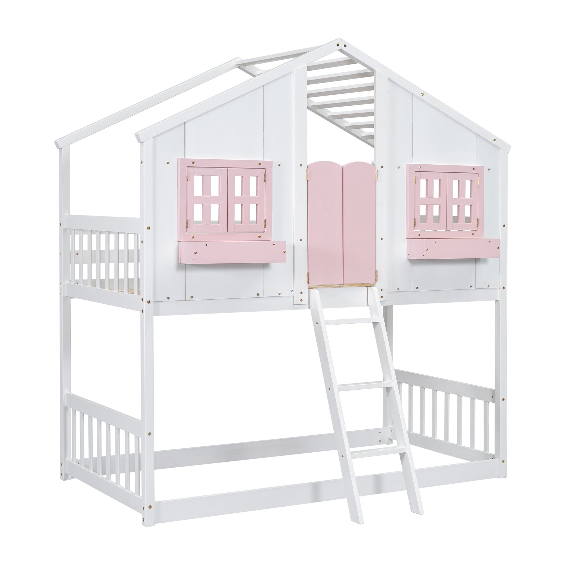 Twin over Twin House Bunk Bed with Roof , Window, Window Box, Door , with Safety Guardrails and Ladder, Pink/White - Korvel