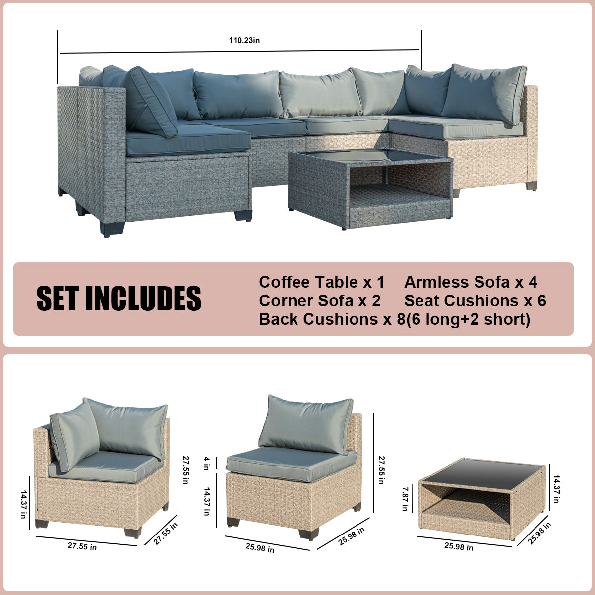 7-Piece Patio Furniture Set, All-Weather Boho Outdoor Conversation Set Sectional Sofa with Water Resistant Grey Thick Cushions - Korvel