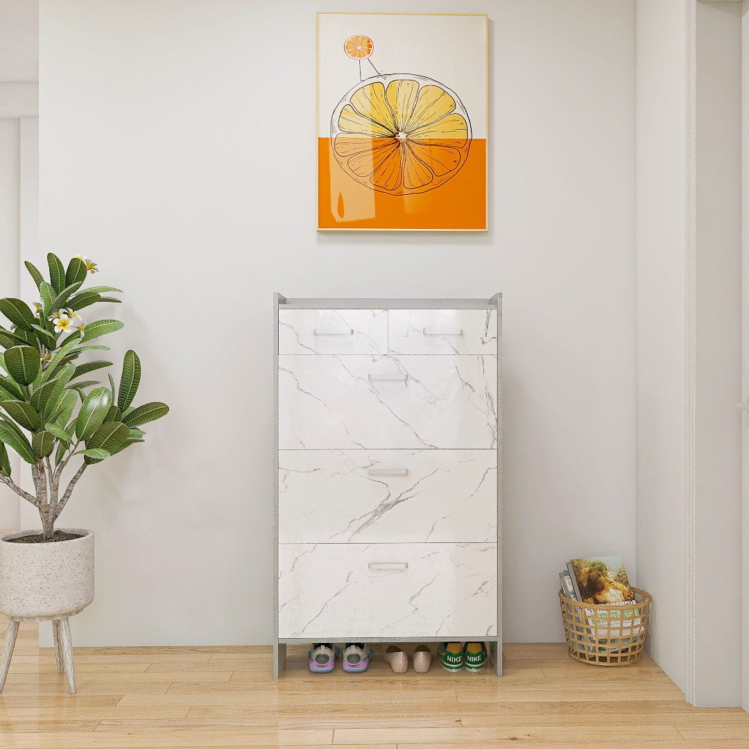 High Glossy Marble Color Shoe Rack with 3 Doors and 2 Drawers
