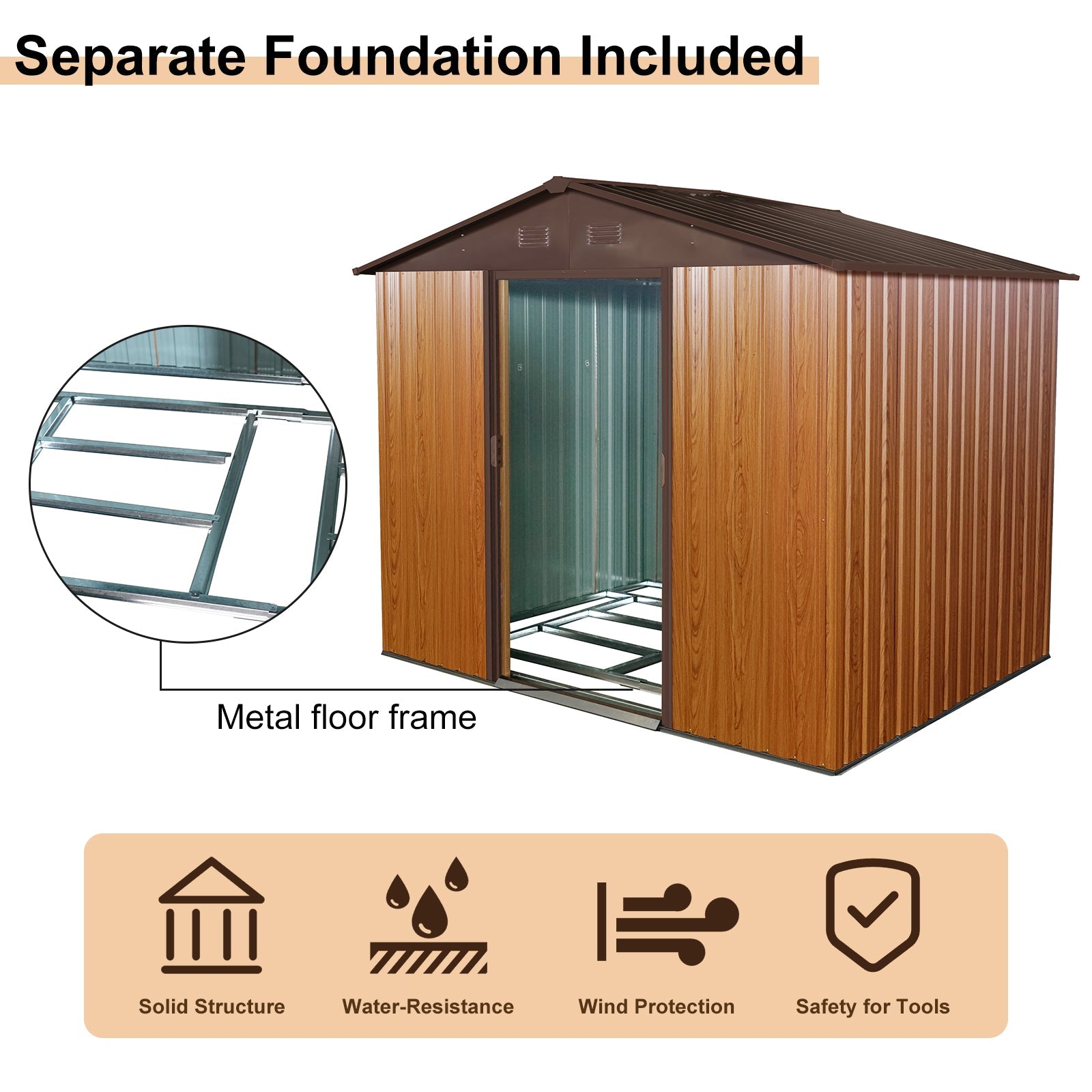 8ft x 6ft Outdoor Metal Storage Shed with Floor Base Coffee(W540S00014) - Korvel