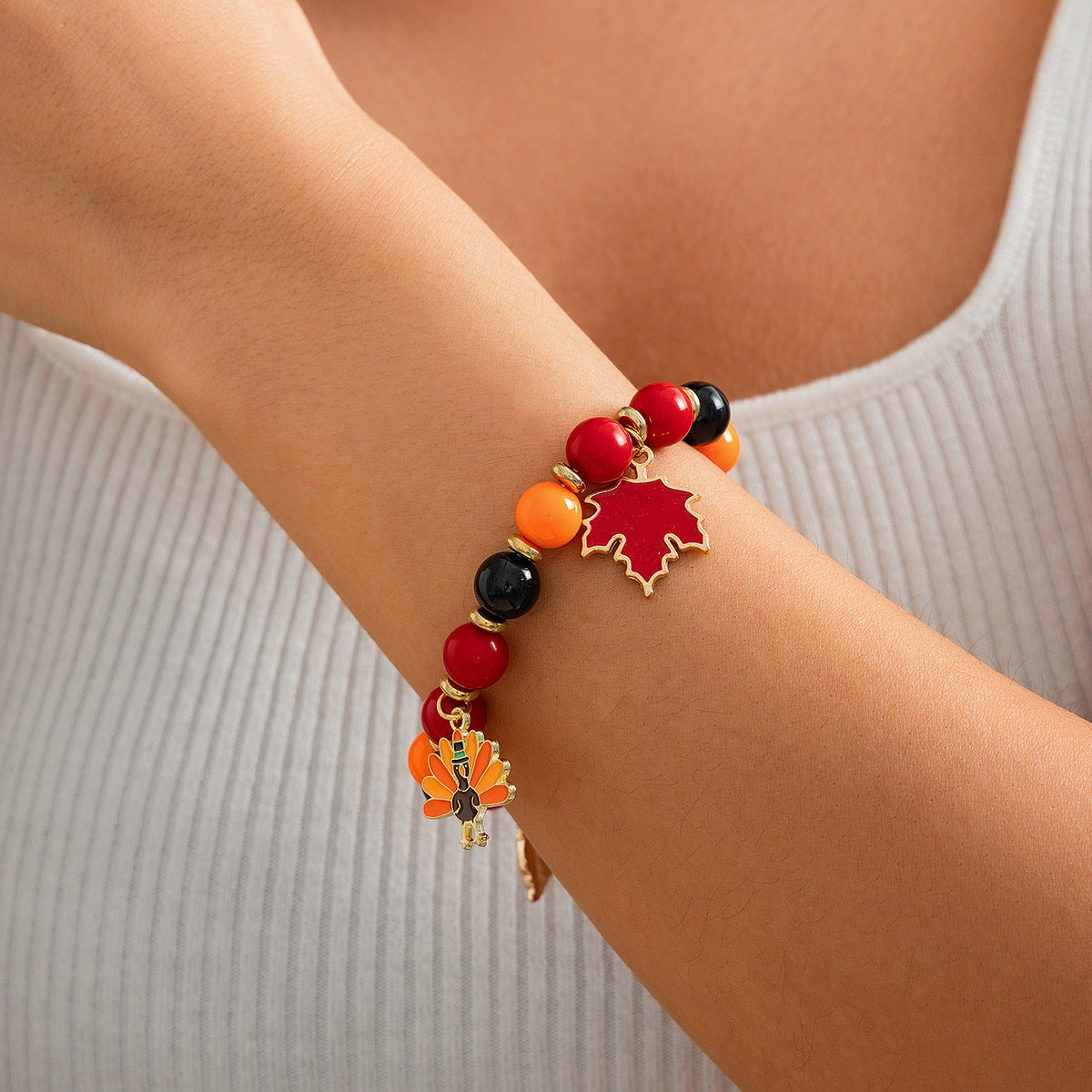 Thanksgiving Creative Maple Leaf Pendant Alloy Bracelet Personalized Letter Pumpkin Bead Bracelet - Korvel