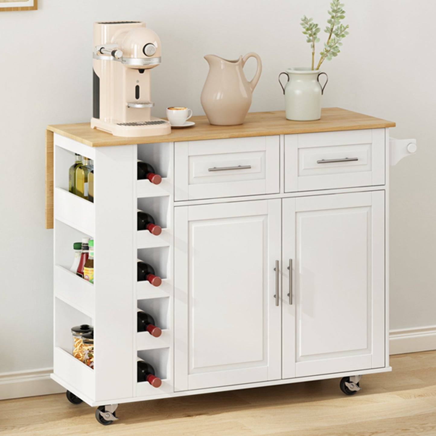Multi-Functional Kitchen Island Cart with 2 Door Cabinet and Two Drawers,Spice Rack, Towel Holder, Wine Rack, and Foldable Rubberwood Table Top (White) - Korvel