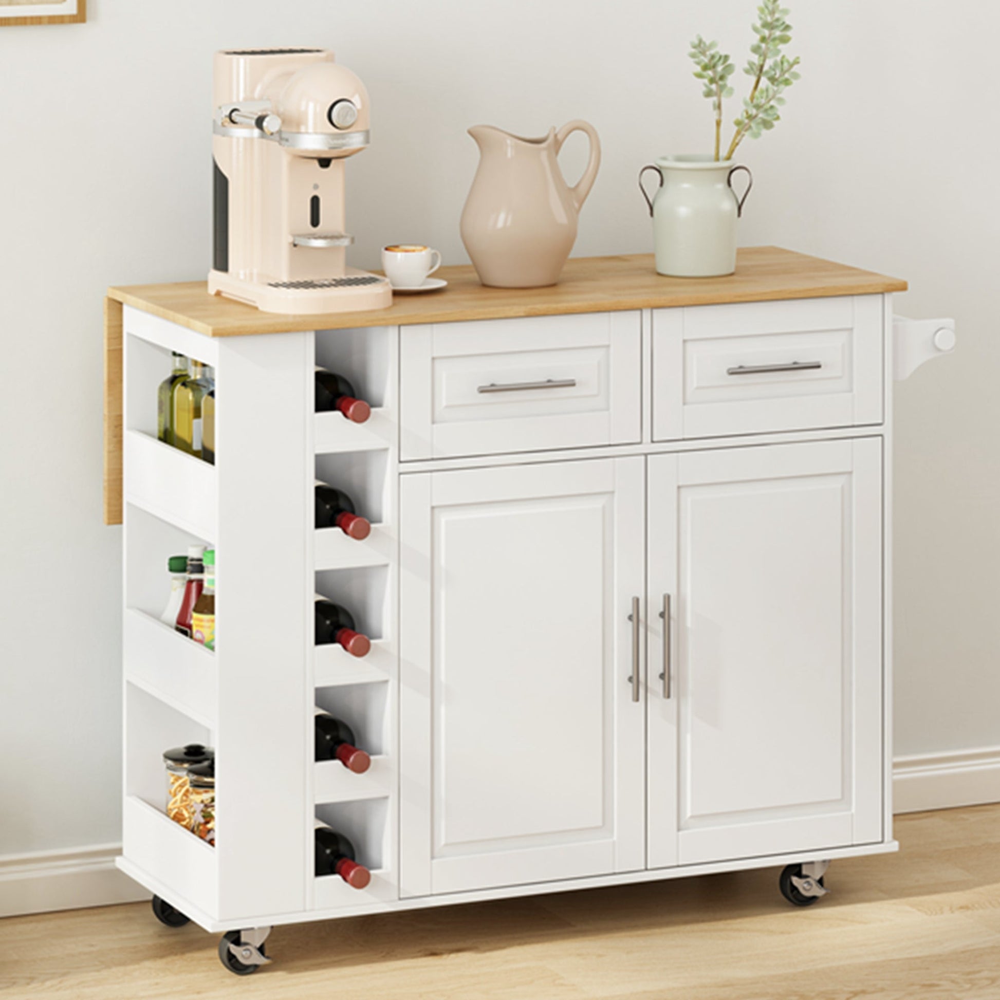 Multi-Functional Kitchen Island Cart with 2 Door Cabinet and Two Drawers,Spice Rack, Towel Holder, Wine Rack, and Foldable Rubberwood Table Top (White) - Korvel