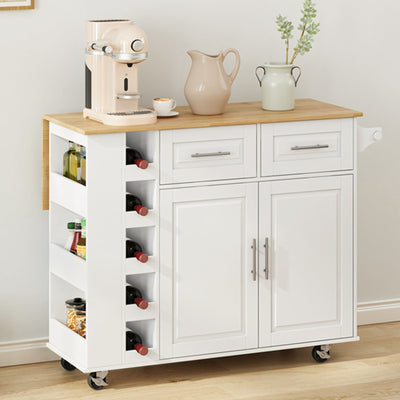 Multi-Functional Kitchen Island Cart with 2 Door Cabinet and Two Drawers,Spice Rack, Towel Holder, Wine Rack, and Foldable Rubberwood Table Top (White) - Korvel