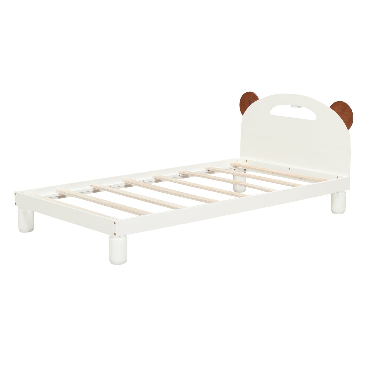 Twin Size Platform Bed with Bear Ears Shaped Headboard and LED Cream White - Korvel