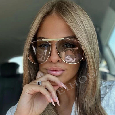 Metal Frame Pilot Sunglasses For Women Double Bridge Champagne Sun Glasses Woman Luxury Square Clear Oversize Shades - Korvel