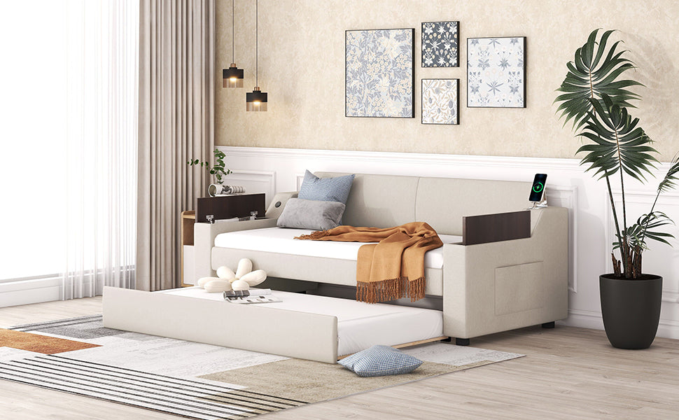 Twin Size Upholstery Daybed with Storage Arms and USB - Beige