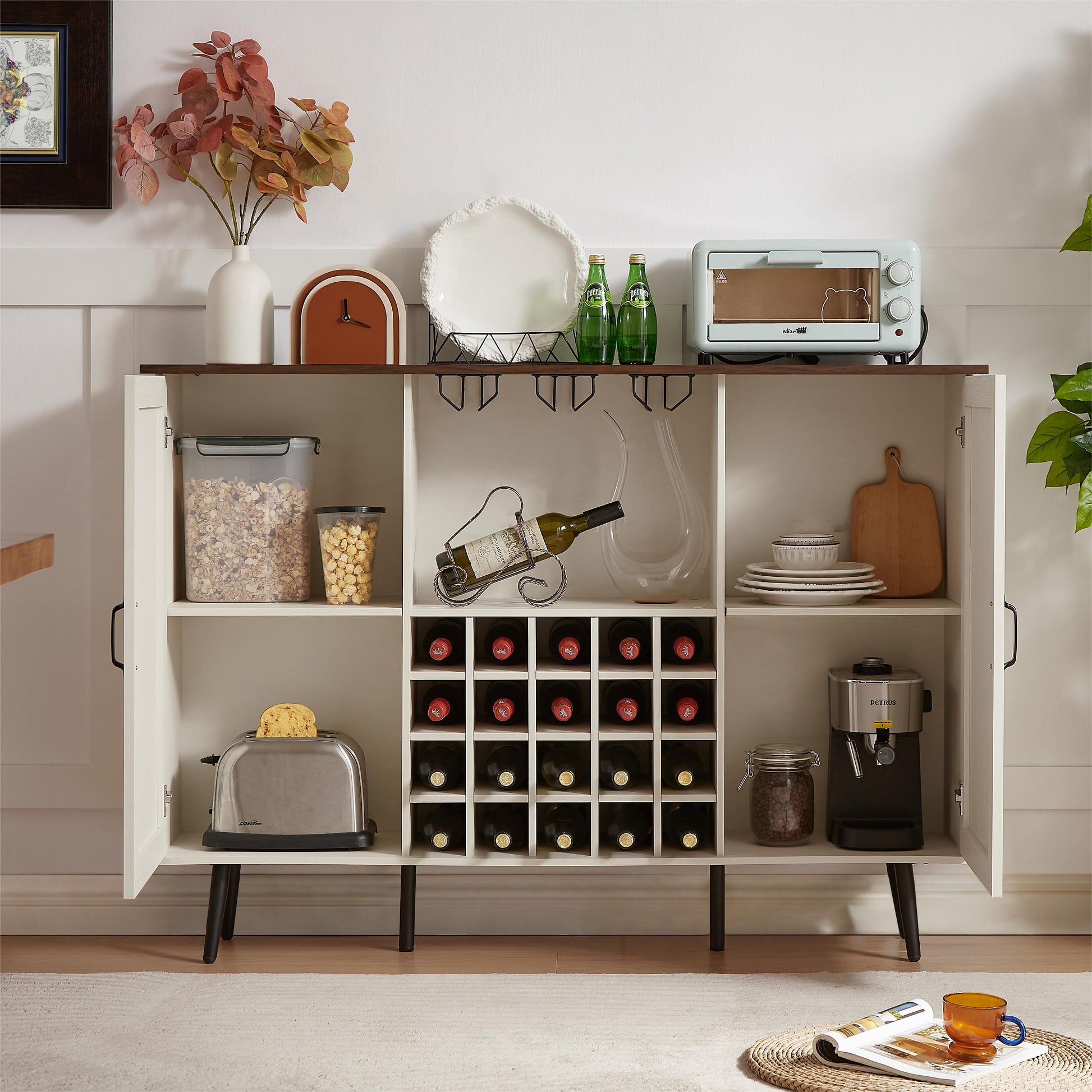 White Faux Rattan Barn Door Wine Cabinet with Wine Rack and Wine Glass Rack, Double Door Design with Removable Shelves - Korvel