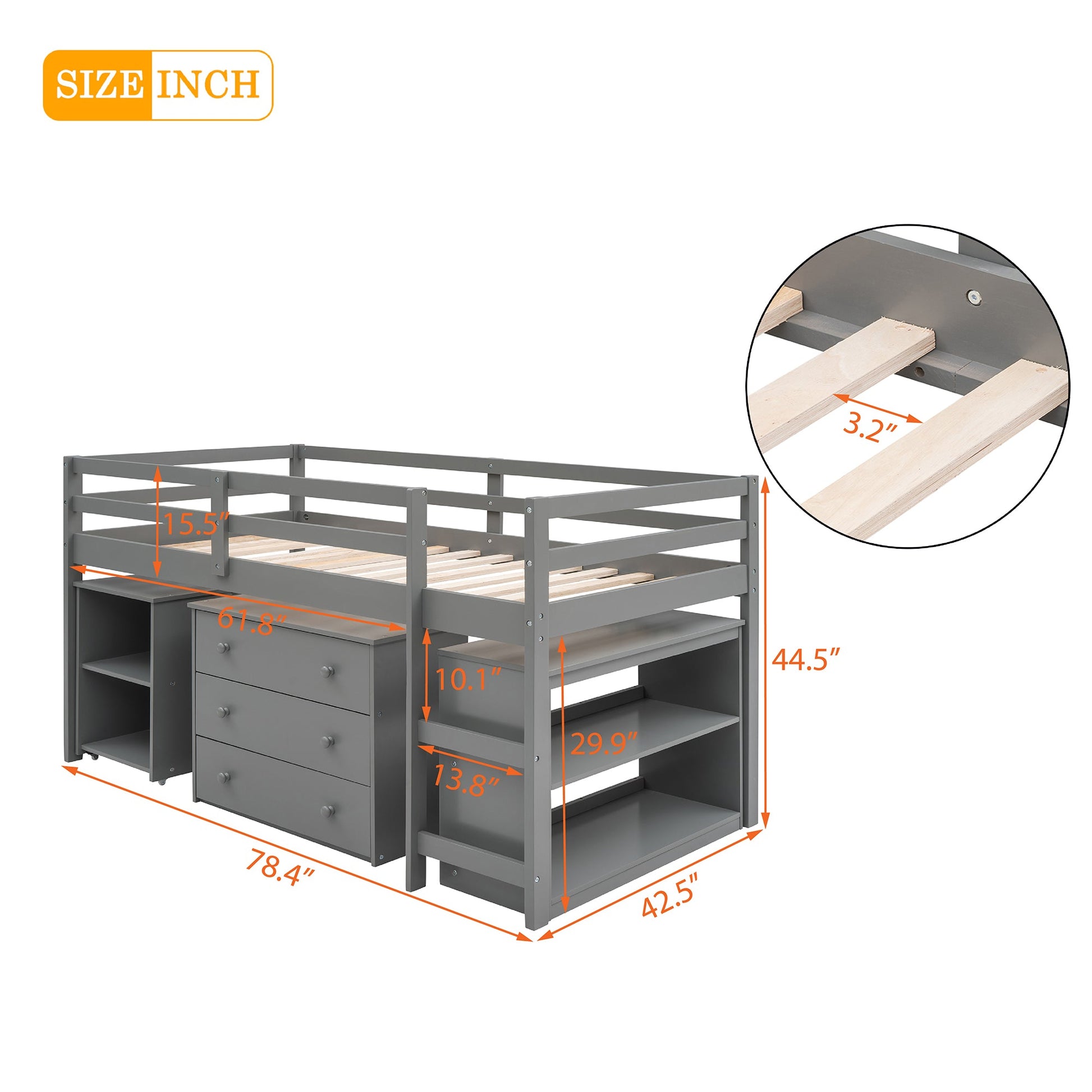 Low Study Twin Loft Bed with Cabinet and Rolling Portable Desk - Gray (OLD SKU :LP000113AAE) - Korvel
