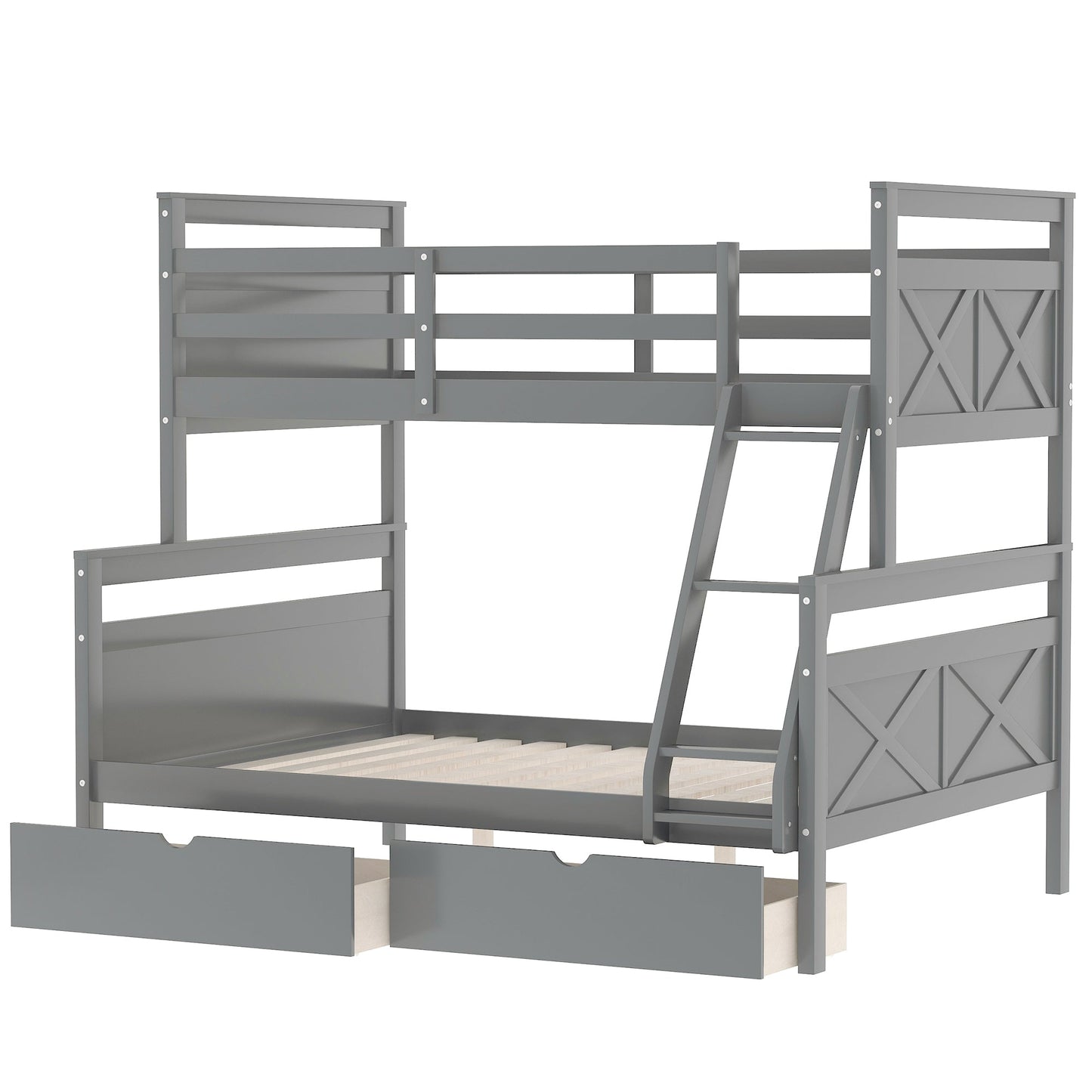 Twin over Full Bunk Bed with Ladder Two Storage Drawers  Safety Guardrail  Gray - Korvel