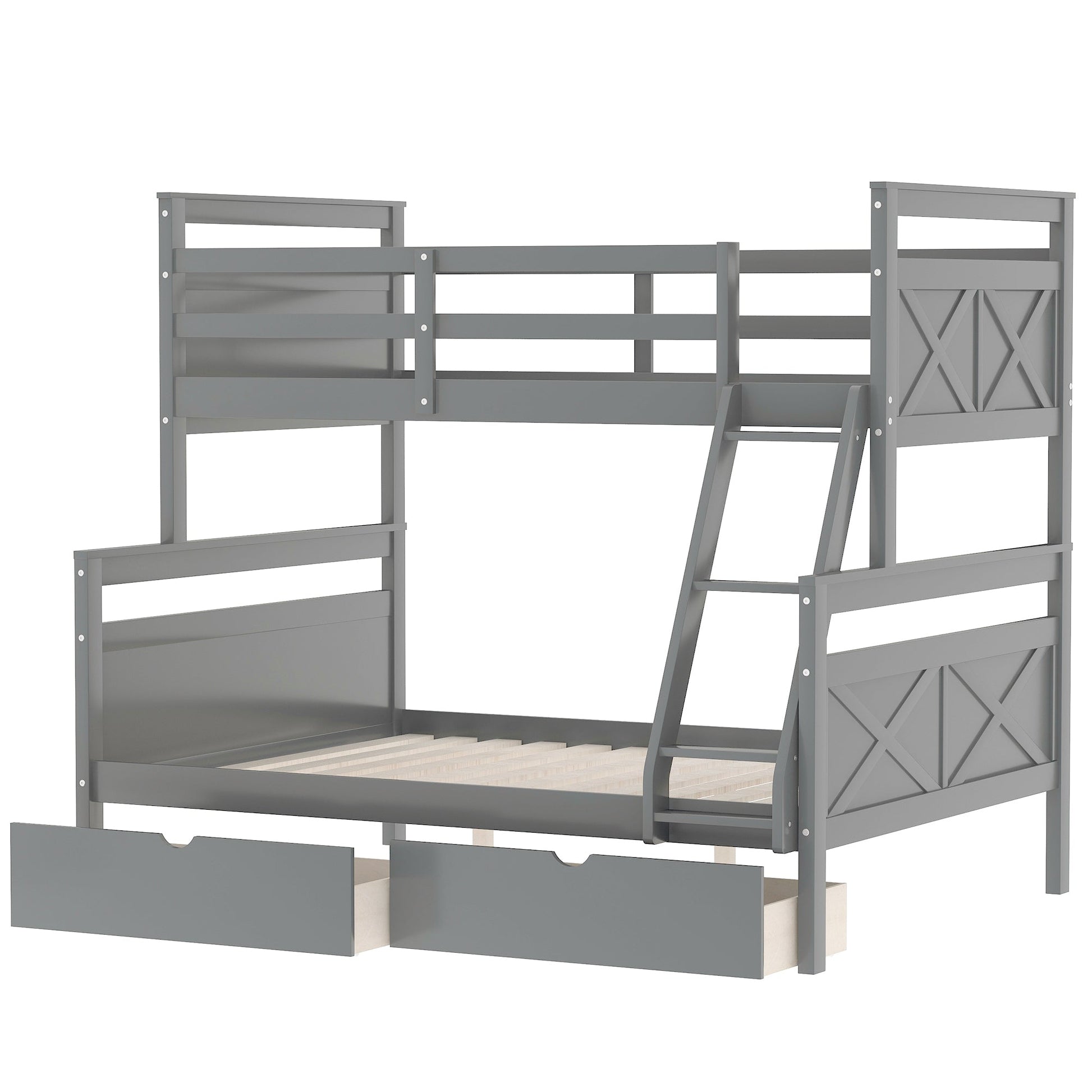 Twin over Full Bunk Bed with Ladder Two Storage Drawers  Safety Guardrail  Gray - Korvel