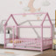 Twin Size Floor Wooden Bed with House Roof Frame, Fence Guardrails,Pink - Korvel