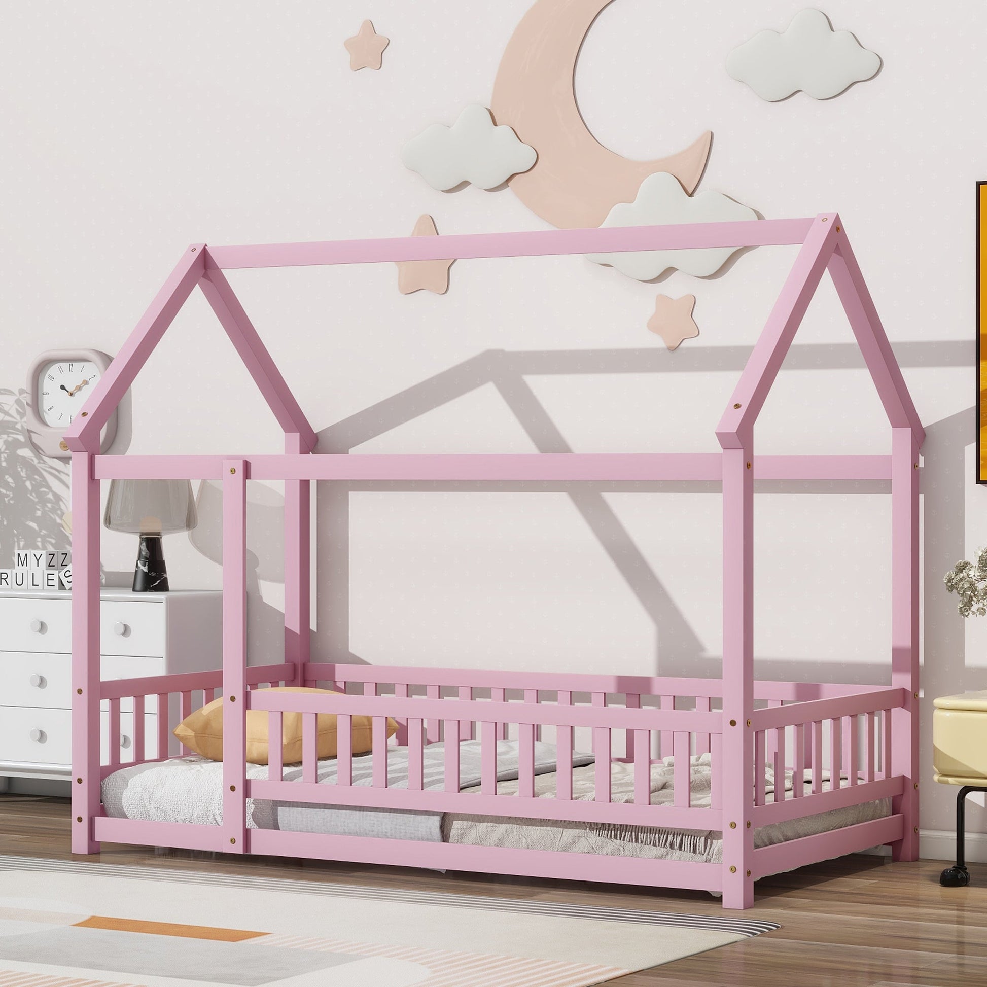 Twin Size Floor Wooden Bed with House Roof Frame, Fence Guardrails,Pink - Korvel