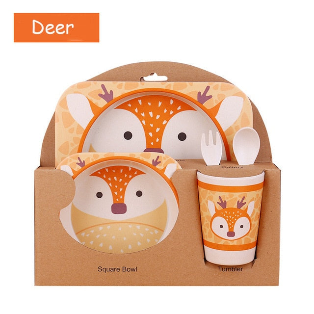 5pcs/set Children Baby Bamboo Fiber Tableware Baby Tableware Set Cartoon Animal Tableware Aet - Korvel
