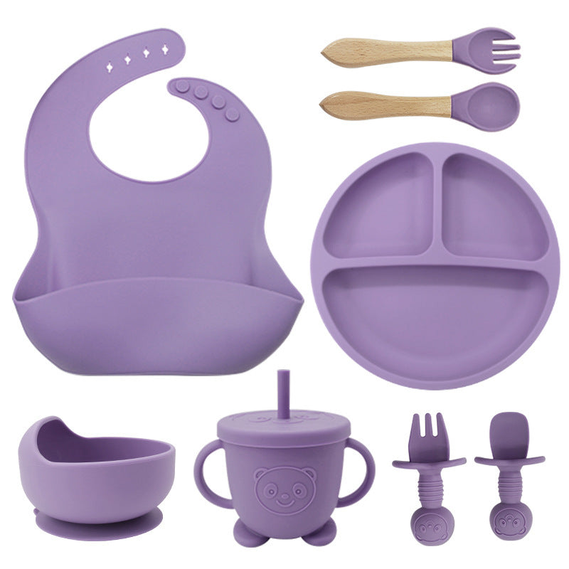 8PCS Mother and baby silicone bibs, silicone dinner plates, eight-piece set, baby food training suction cup bowl, baby divided tableware set - Korvel