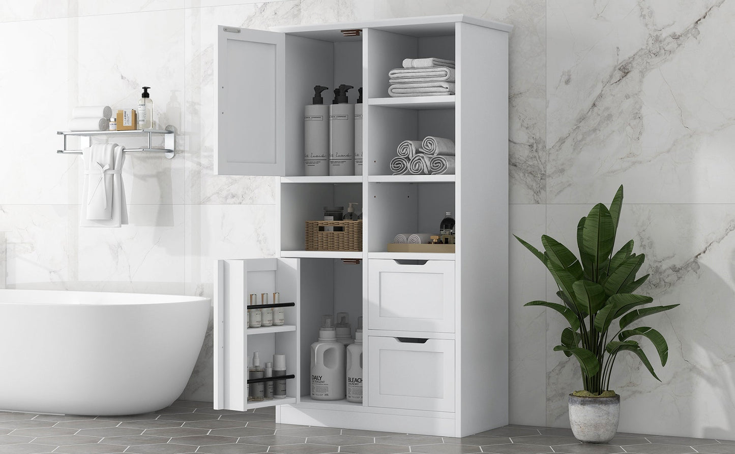 Bathroom storage cabinet with doors and drawers, multiple storage spaces, independent, open adjustable shelves, white - Korvel