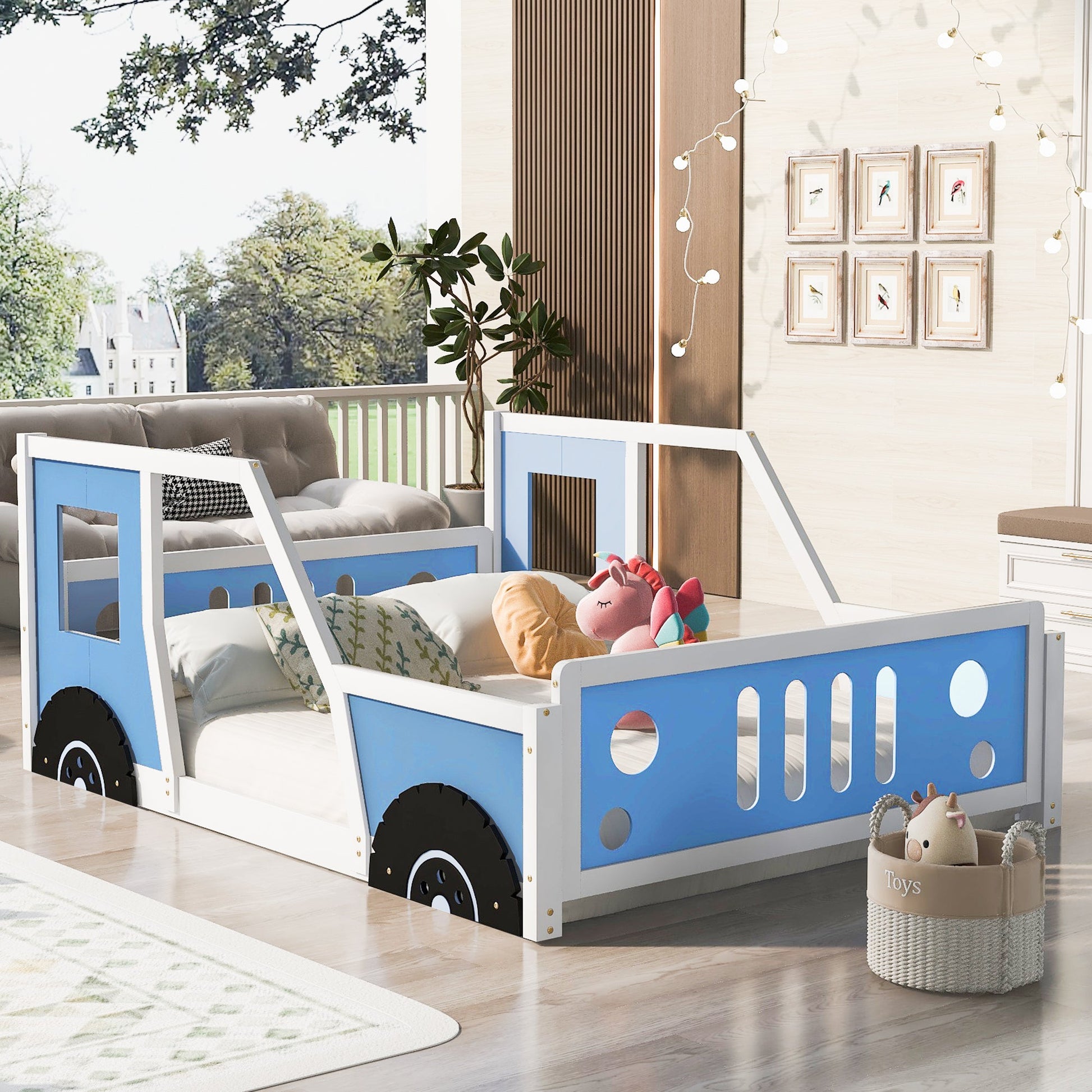 Full Size Classic Car-Shaped Platform Bed with Wheels,Blue - Korvel