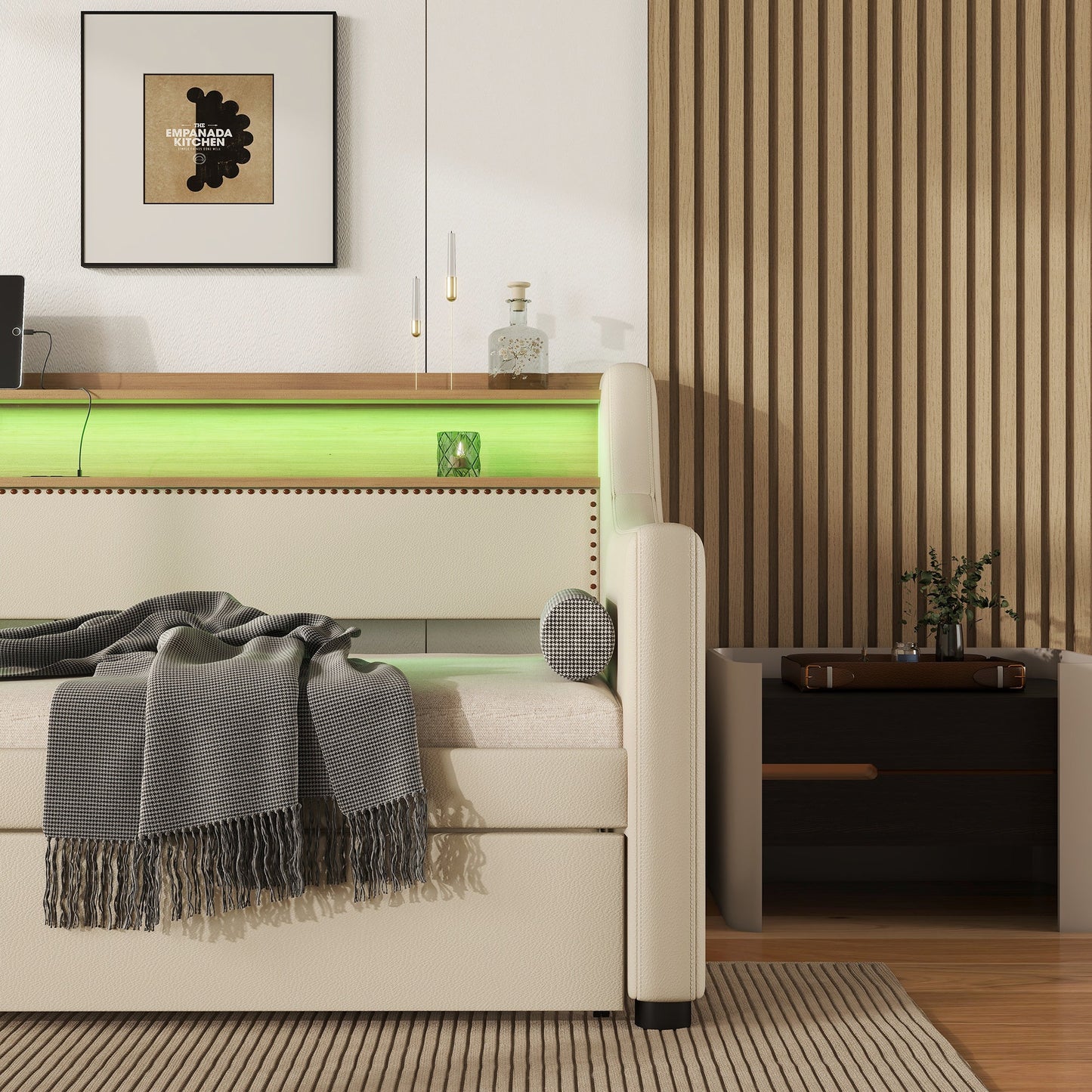 Twin Size Daybed with Trundle, Upholstered Daybed with Charging Station and LED Lights, Beige - Korvel