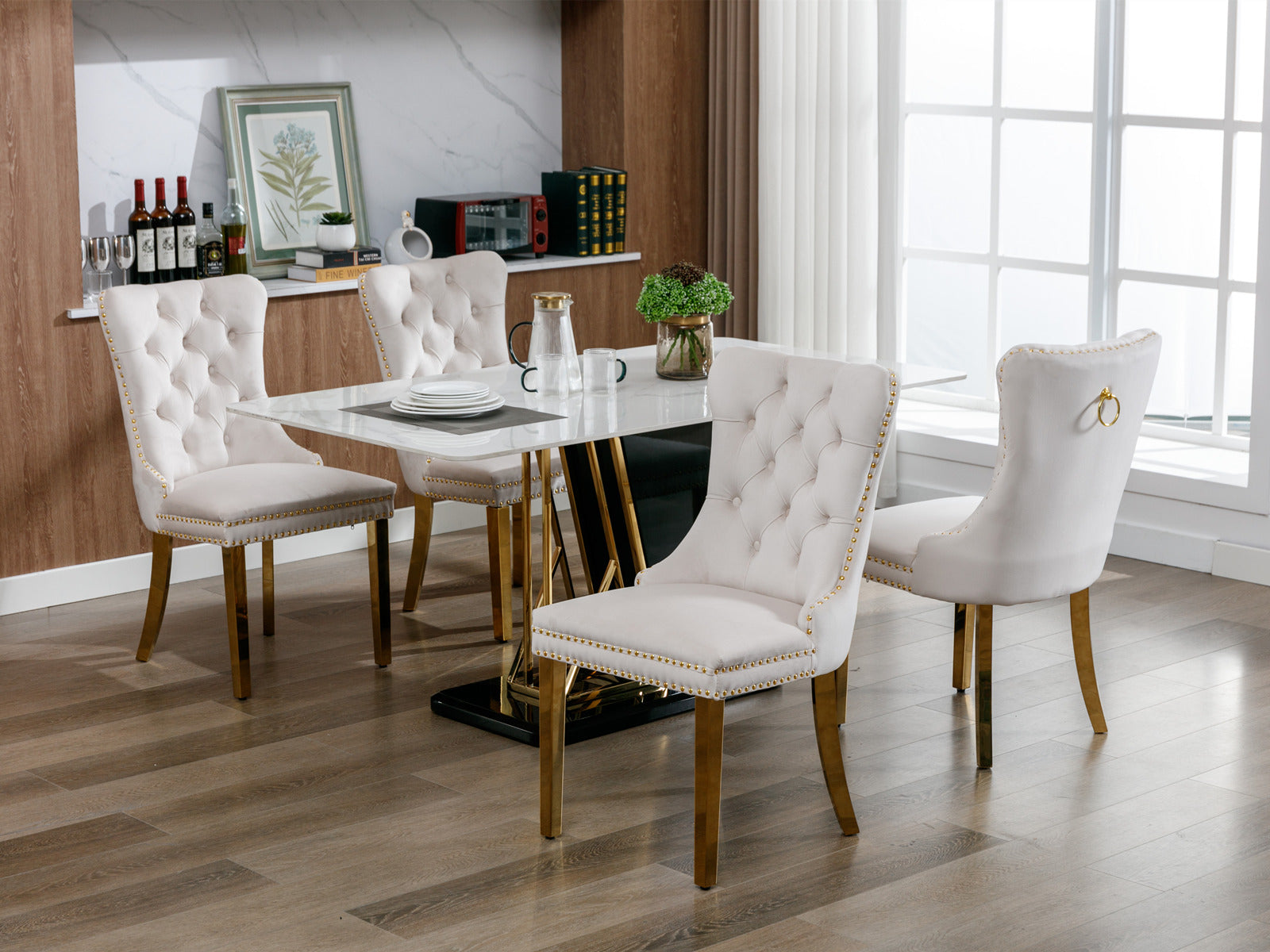 Tufted solid wood velvet soft cushion dining chair gold stainless steel plated leg nail head set of 2 pieces beige and gold - Korvel
