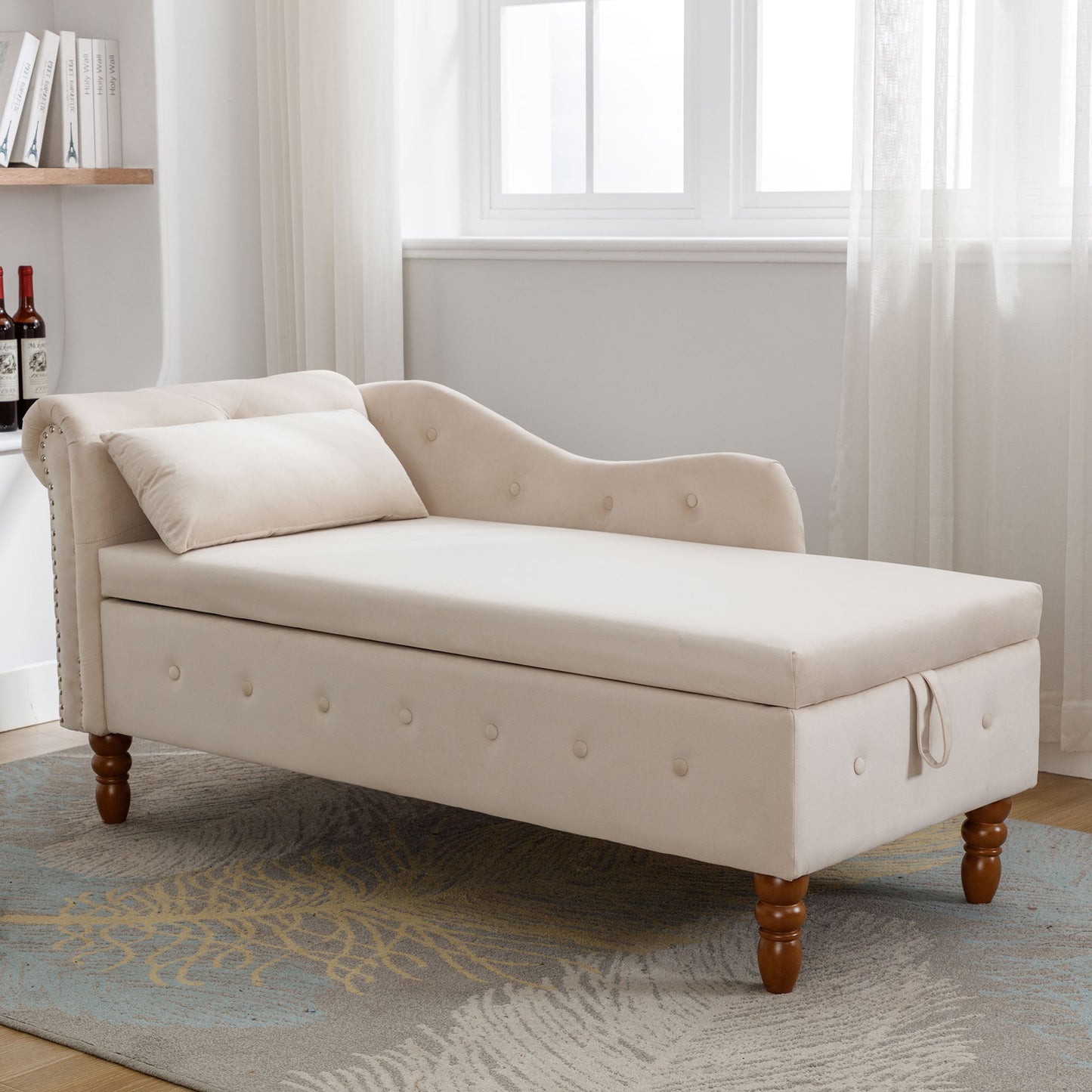 Beige Chaise Lounge Indoor Velvet Lounge Chair for Bedroom with Storage & Pillow Modern Upholstered Rolled Arm Chase Lounge - Korvel