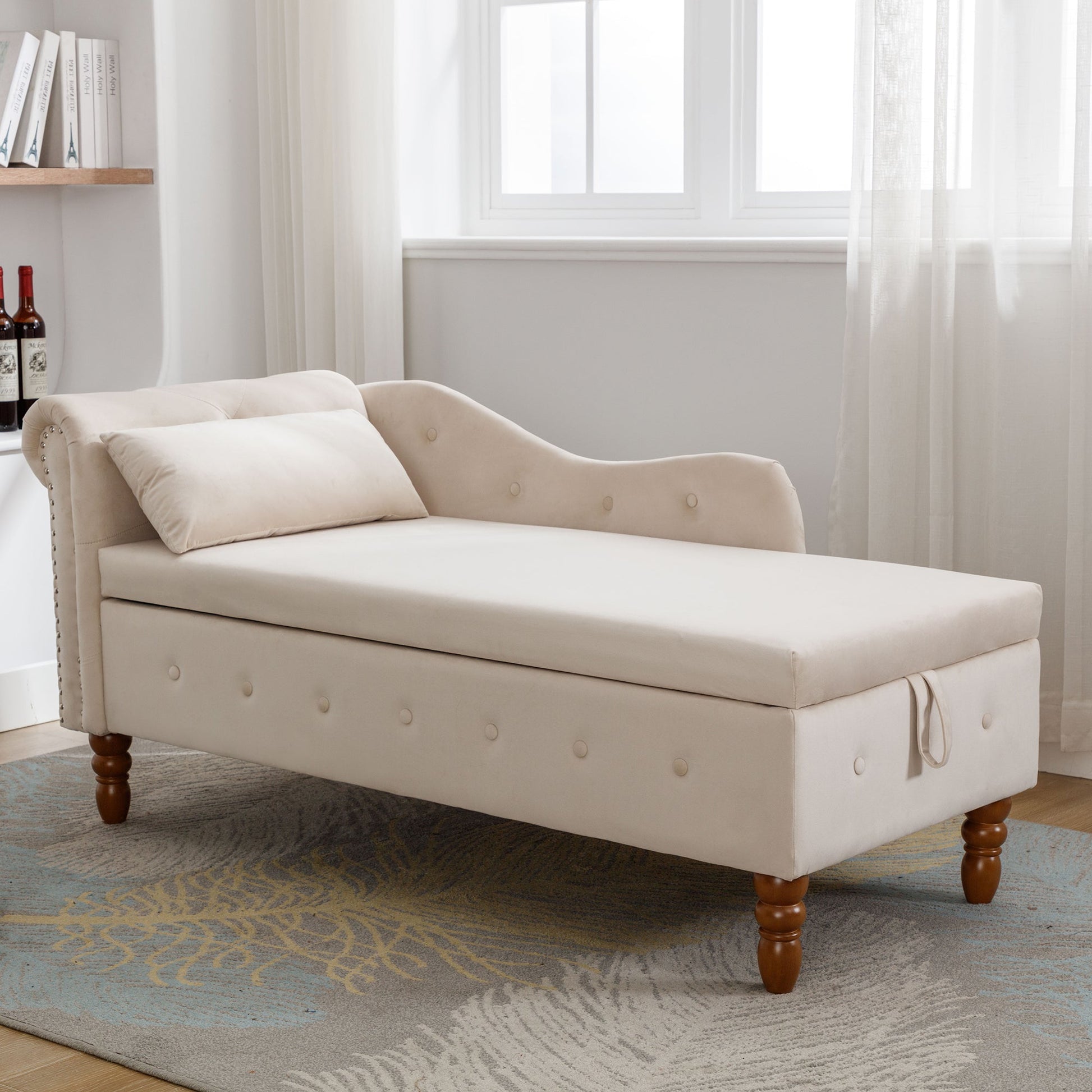 Beige Chaise Lounge Indoor Velvet Lounge Chair for Bedroom with Storage & Pillow Modern Upholstered Rolled Arm Chase Lounge - Korvel