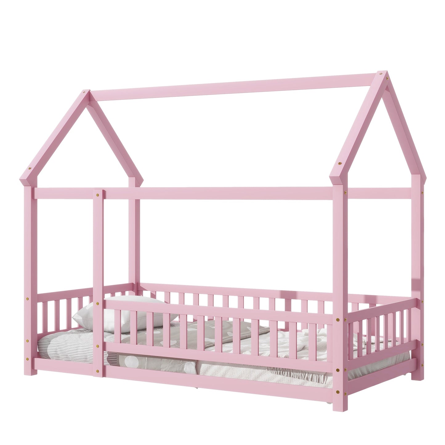 Twin Size Floor Wooden Bed with House Roof Frame, Fence Guardrails,Pink - Korvel