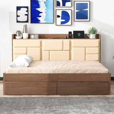 Full Size Wood Daybed with Upholstered Storage and USB Ports