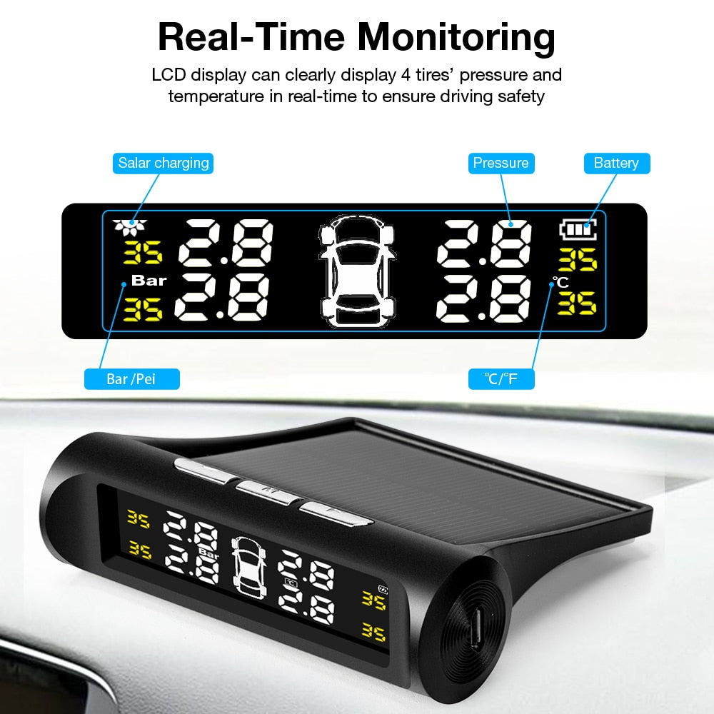 Smart Car TPMS Tire Pressure Monitoring System Solar Power Digital TMPS LCD Display USB Auto Security Alarm Tire Pressure Sensor - Korvel
